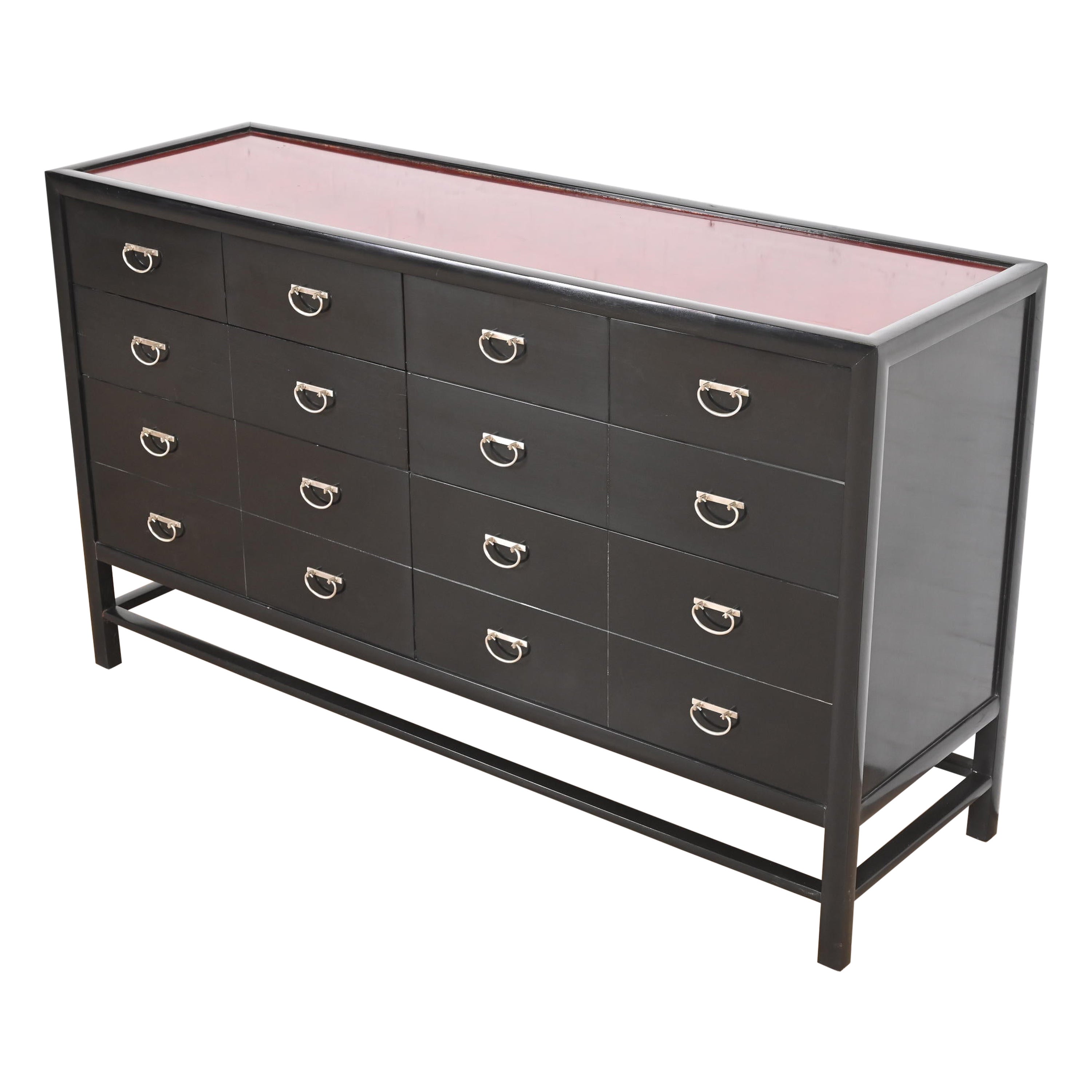 Baker Furniture Hollywood Regency Chinoiserie Black and Red Lacquered Dresser