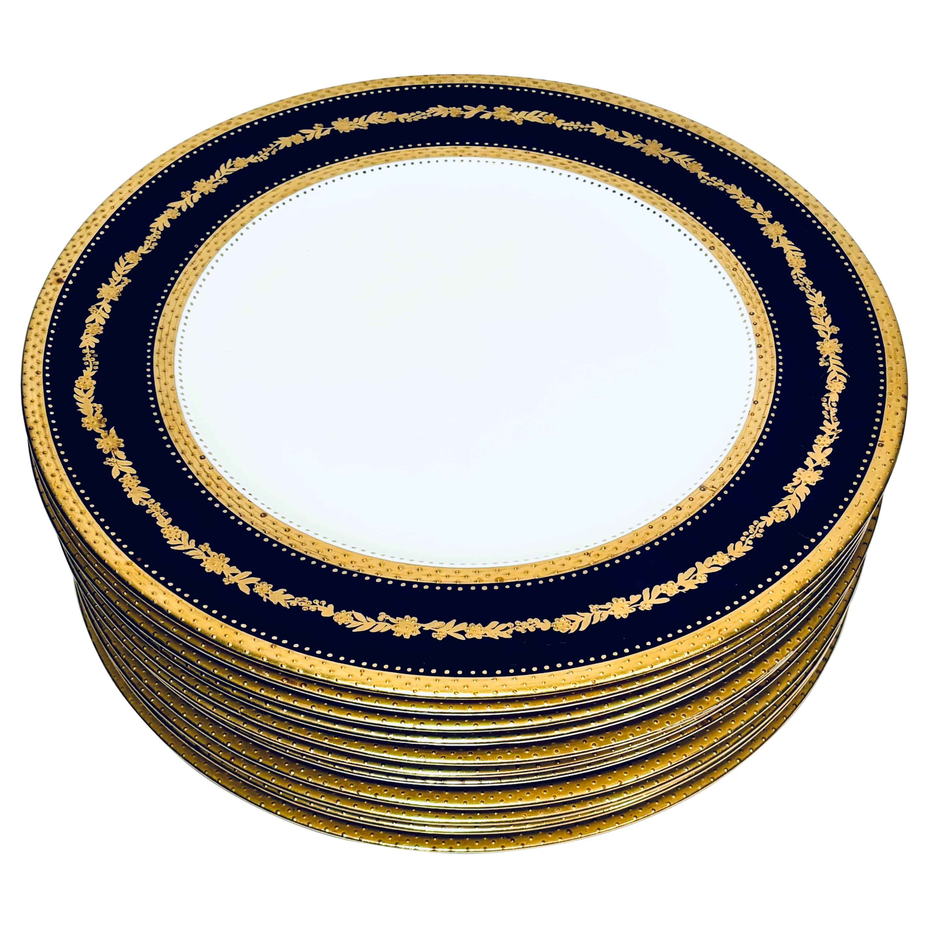 Set of 11 Antique English Cobalt Blue & Raised Gold Dinner Plates Circa 1910 en vente