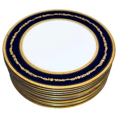 Set of 11 Antique English Cobalt Blue & Raised Gold Dinner Plates Circa 1910
