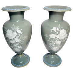 Pair 19th Century Grey Glass Vases, White Enamel Floral Decorated. English