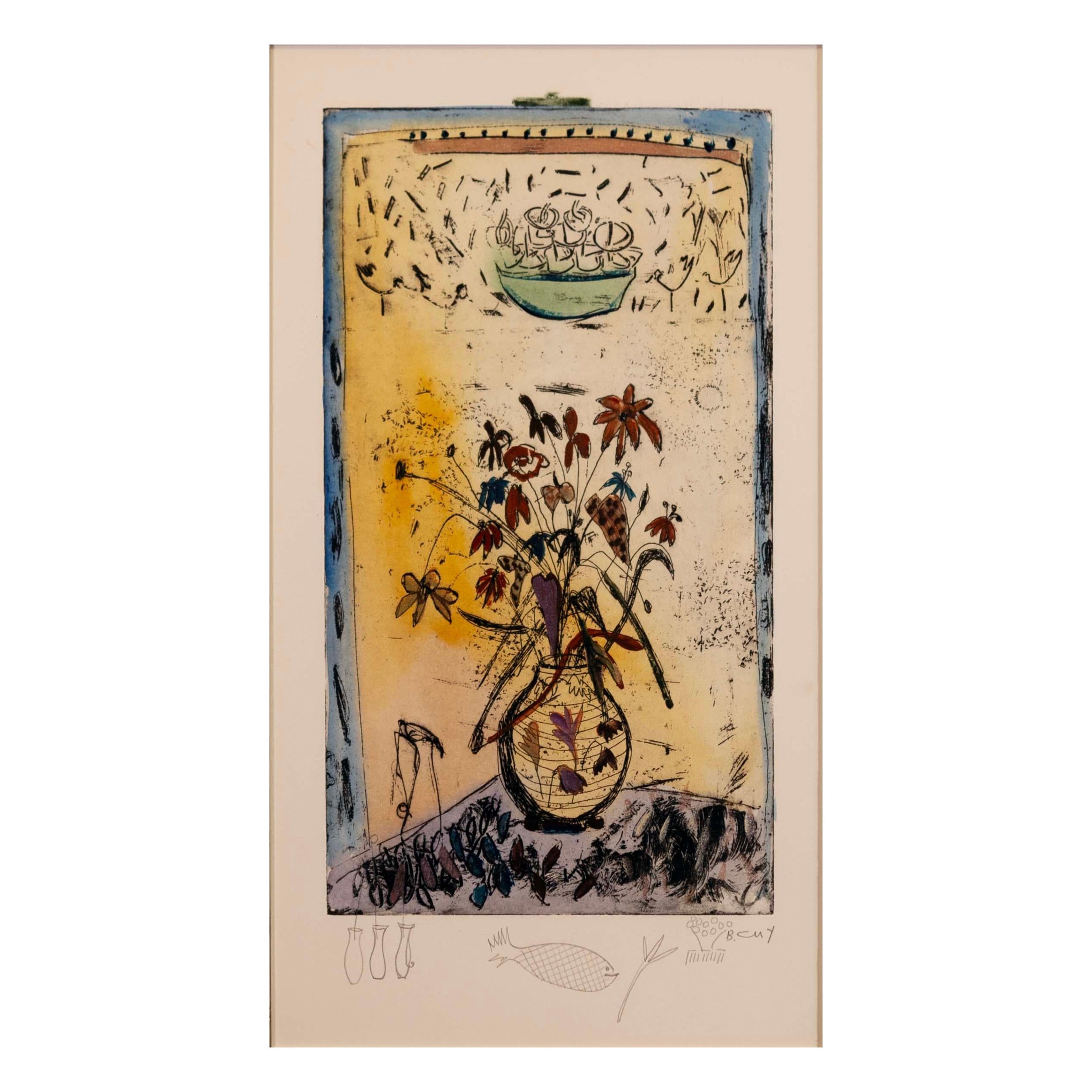 Bracha Guy Untitled Flowers in a Vase Signed Mixed Media on Paper Framed For Sale