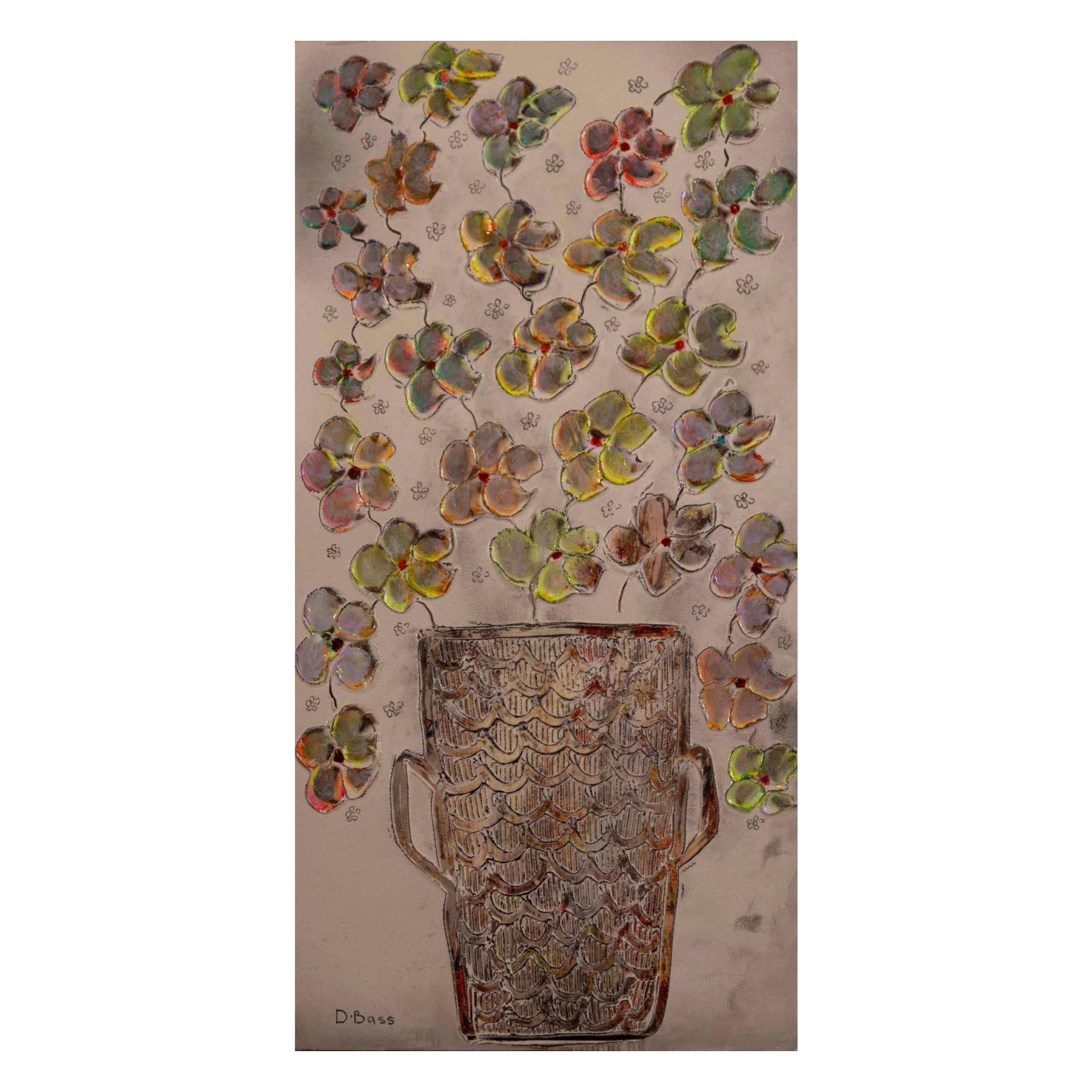 Danushka “D” Bass Untitled Textured Flower Arrangement Signed Original Acrylic For Sale
