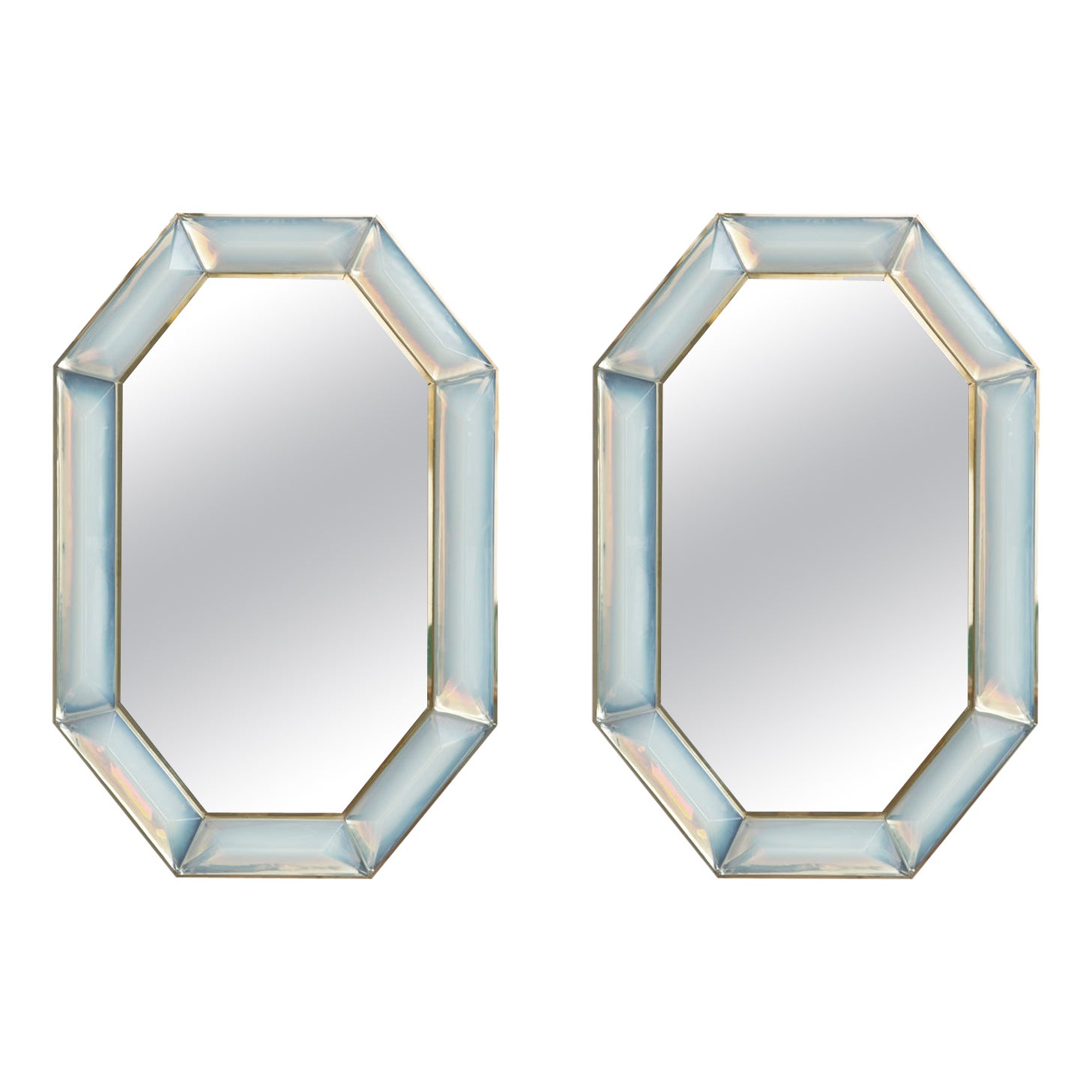 Pair of Bespoke Octagon Iridescent Opaline Murano Glass Mirrors, in Stock For Sale