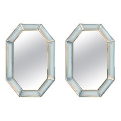 Pair of Bespoke Octagon Iridescent Opaline Murano Glass Mirrors, in Stock