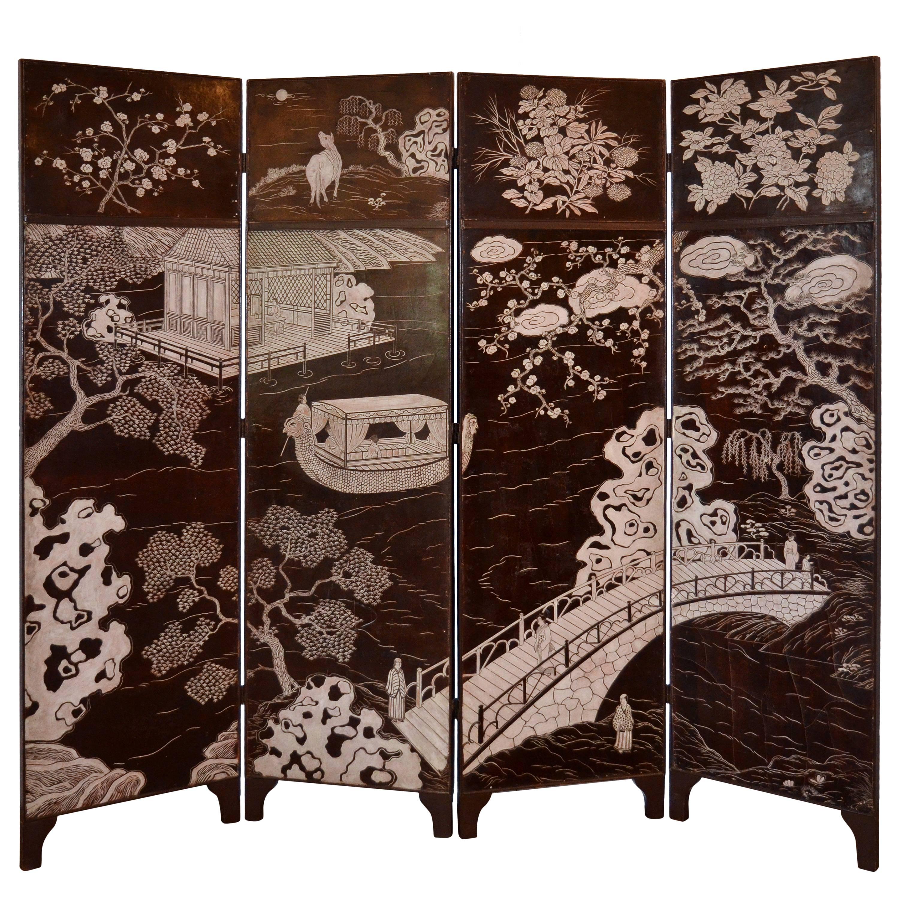 Coromandel Four-Panel Screen in Brown and White