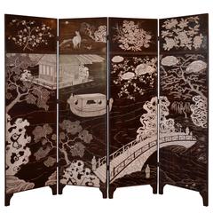 Antique Coromandel Four-Panel Screen in Brown and White