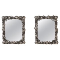 Pair Vintage Italian Seashell Form Polished Pewter Wall Mirrors