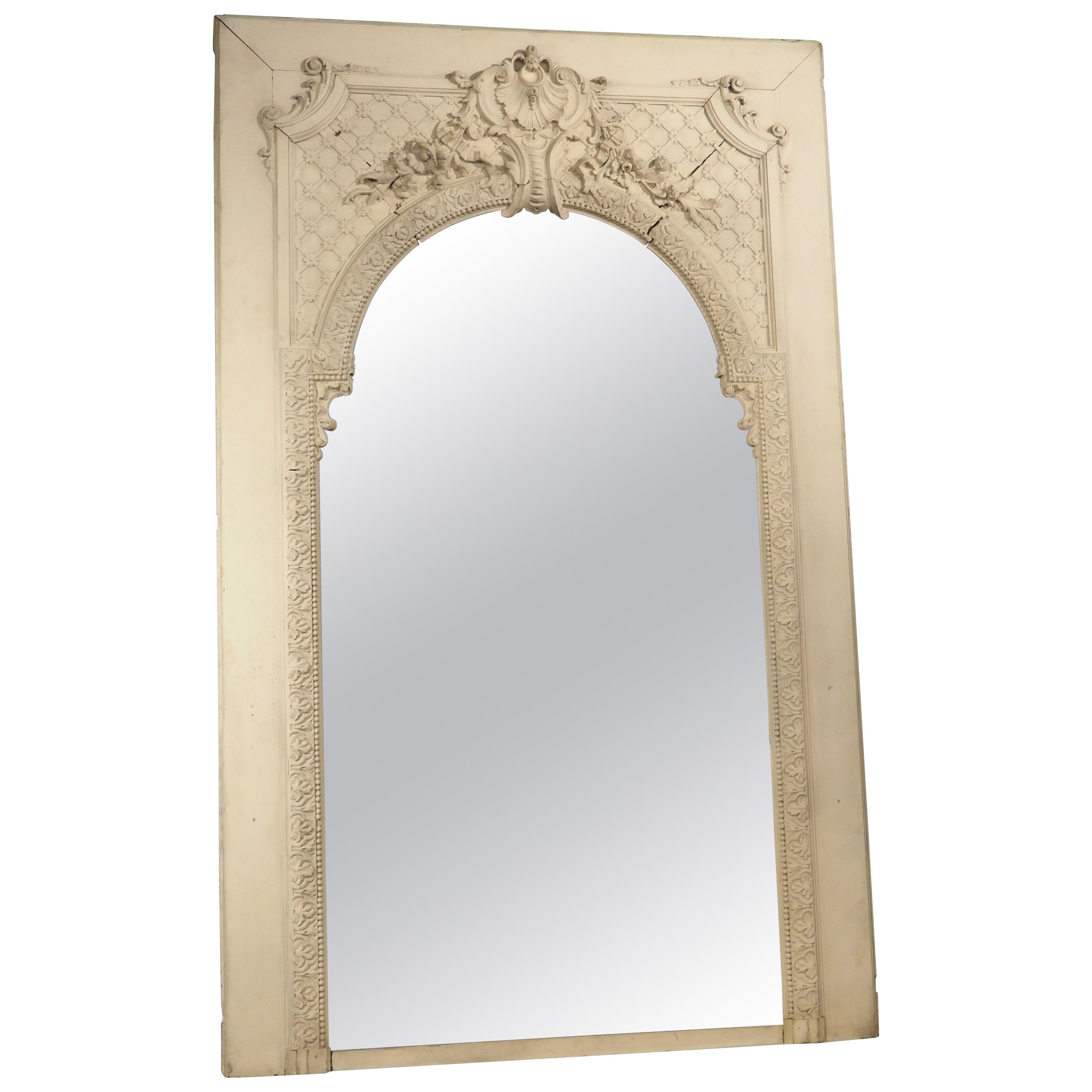 Large Antique French White Painted Trumeau Boiserie Mirror, Circa 1870