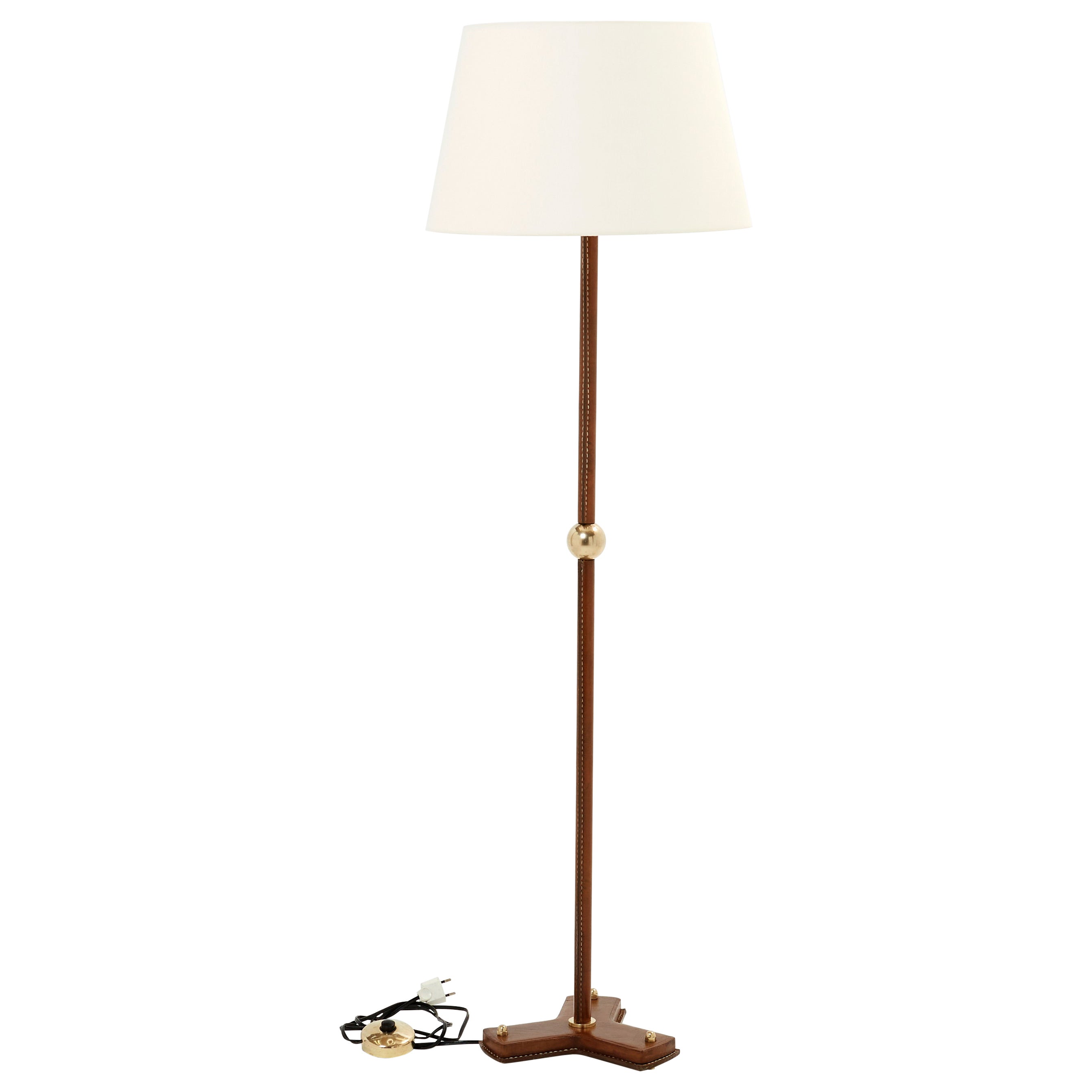 Jacques Adnet Modernist Stitched Brown Leather Floor Lamp 1950s For Sale