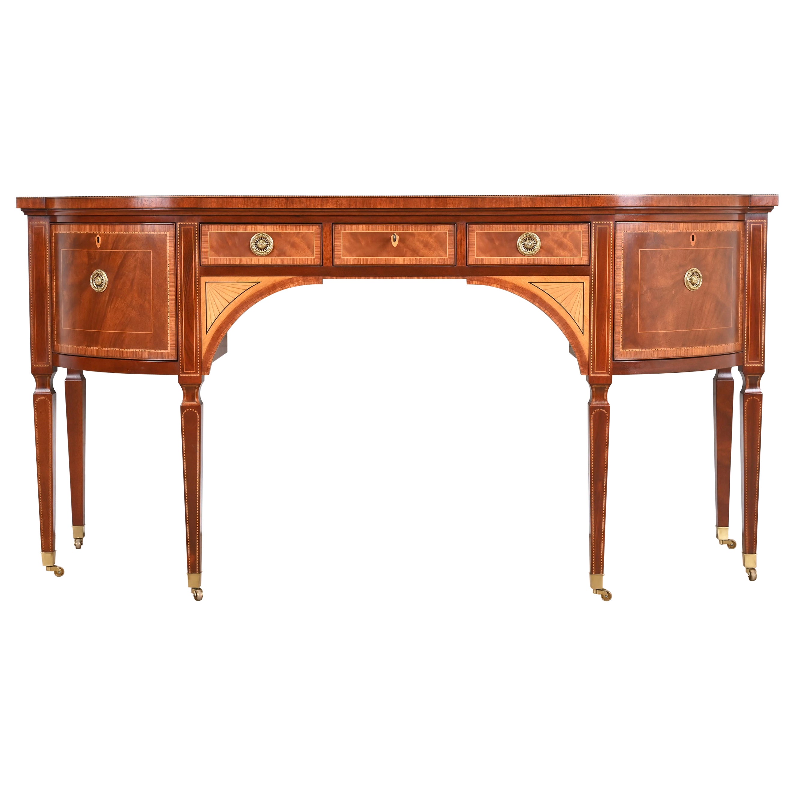 Baker Furniture Stately Homes Sheraton Bow Front Inlaid Mahogany Sideboard For Sale