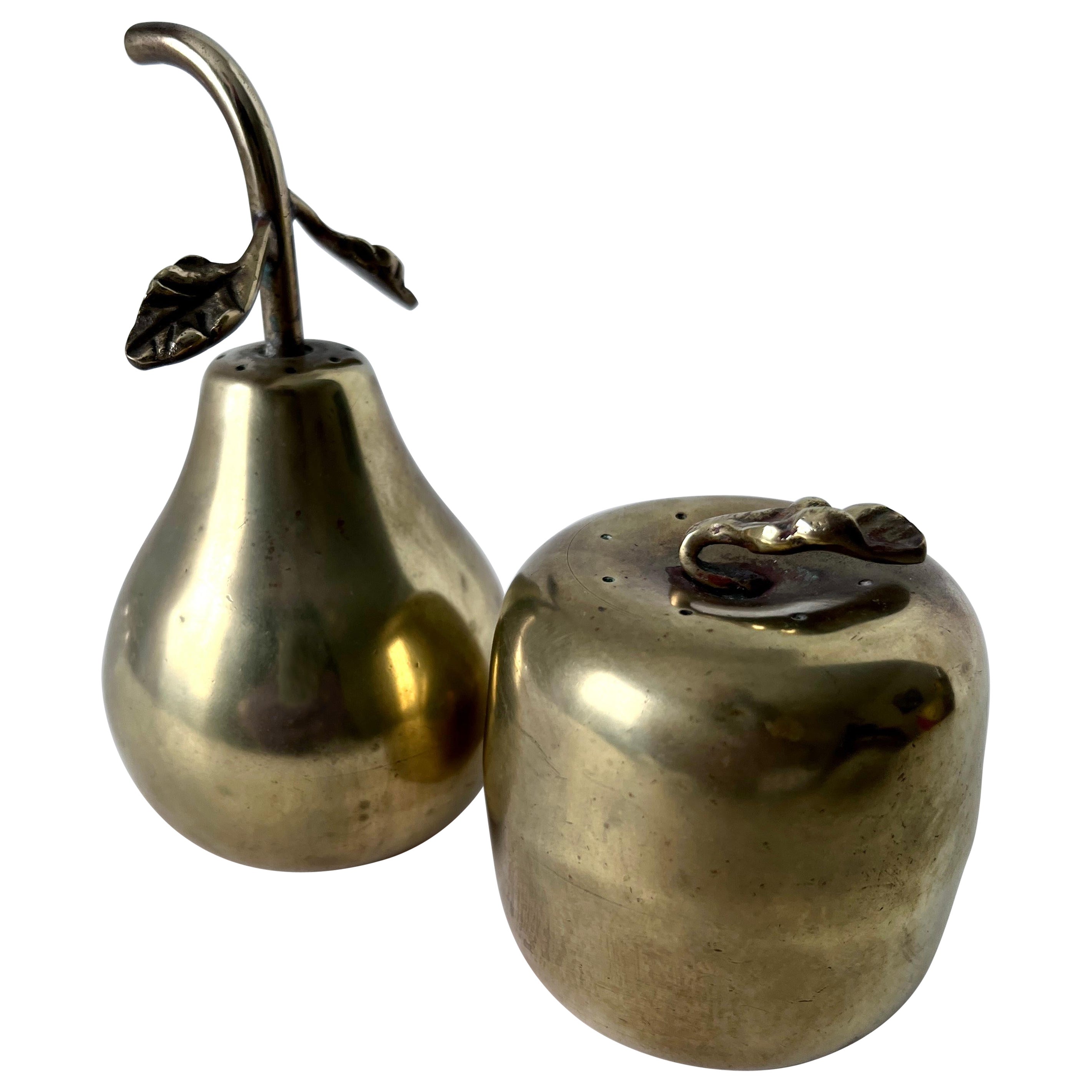 Brass Apple and Pear Salt and Pepper Set For Sale