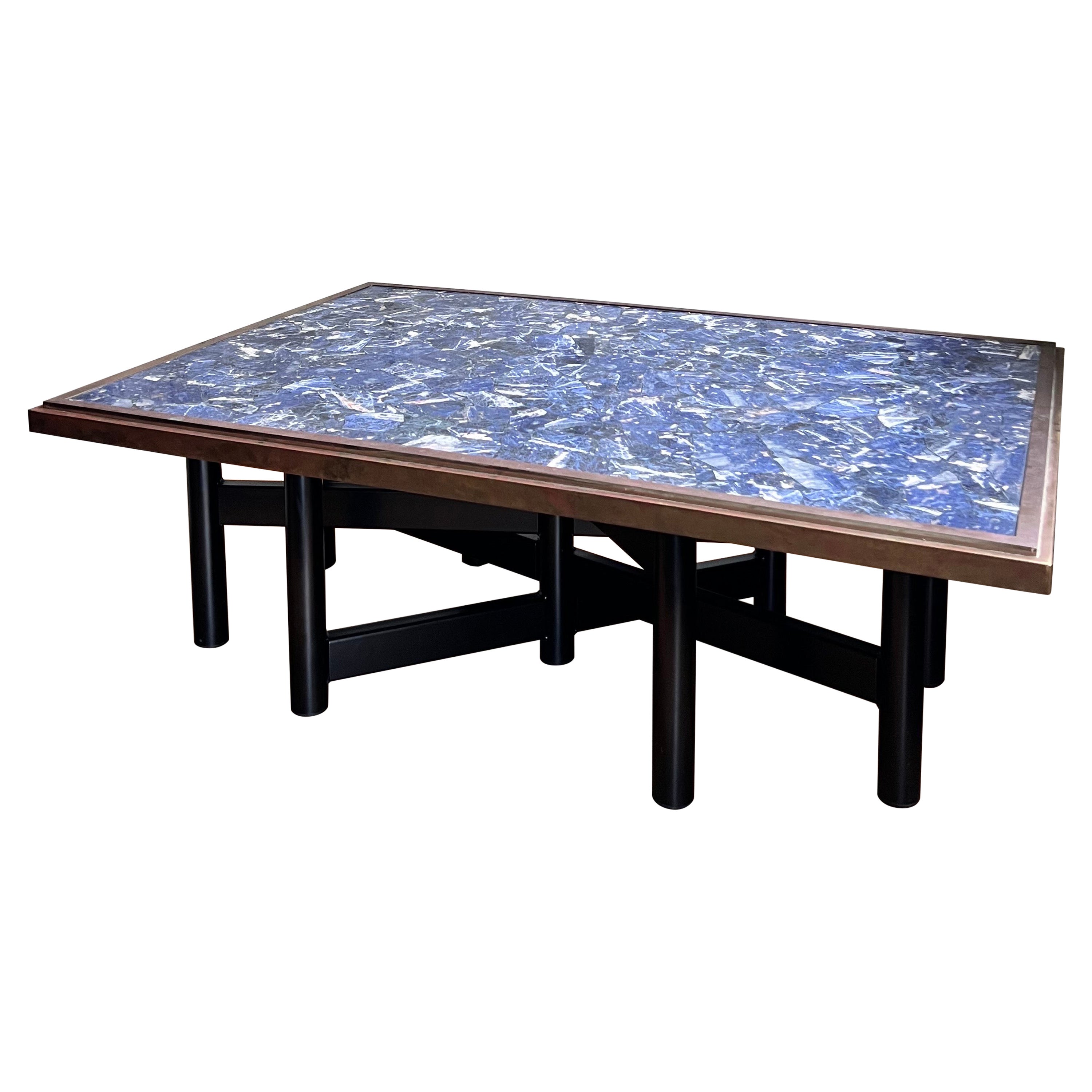 Unique Sodalite coffee table with brass frame in the taste of Ado Chale 1970's For Sale
