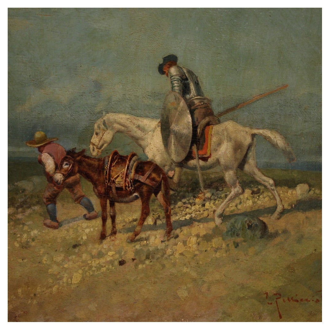 20th Century Oil on Board Italian Signed Painting Don Quixote and Sancho Panza For Sale