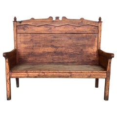 Late 19th Century Carved Primitive Spanish Catalan Settle Bench