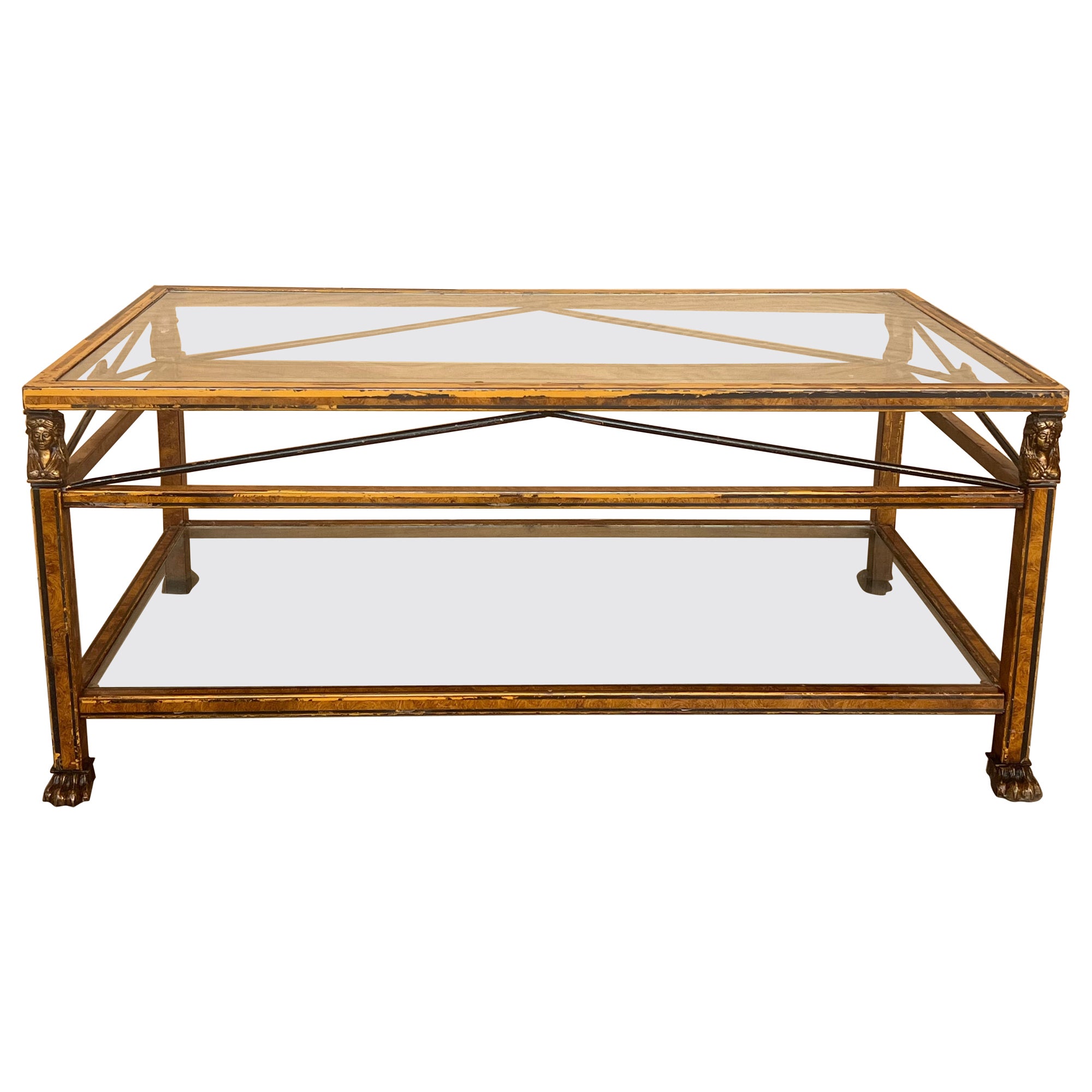 Midcentury Brown Metal Rectangular Coffee Table with Two Tier Glass 1970 For Sale