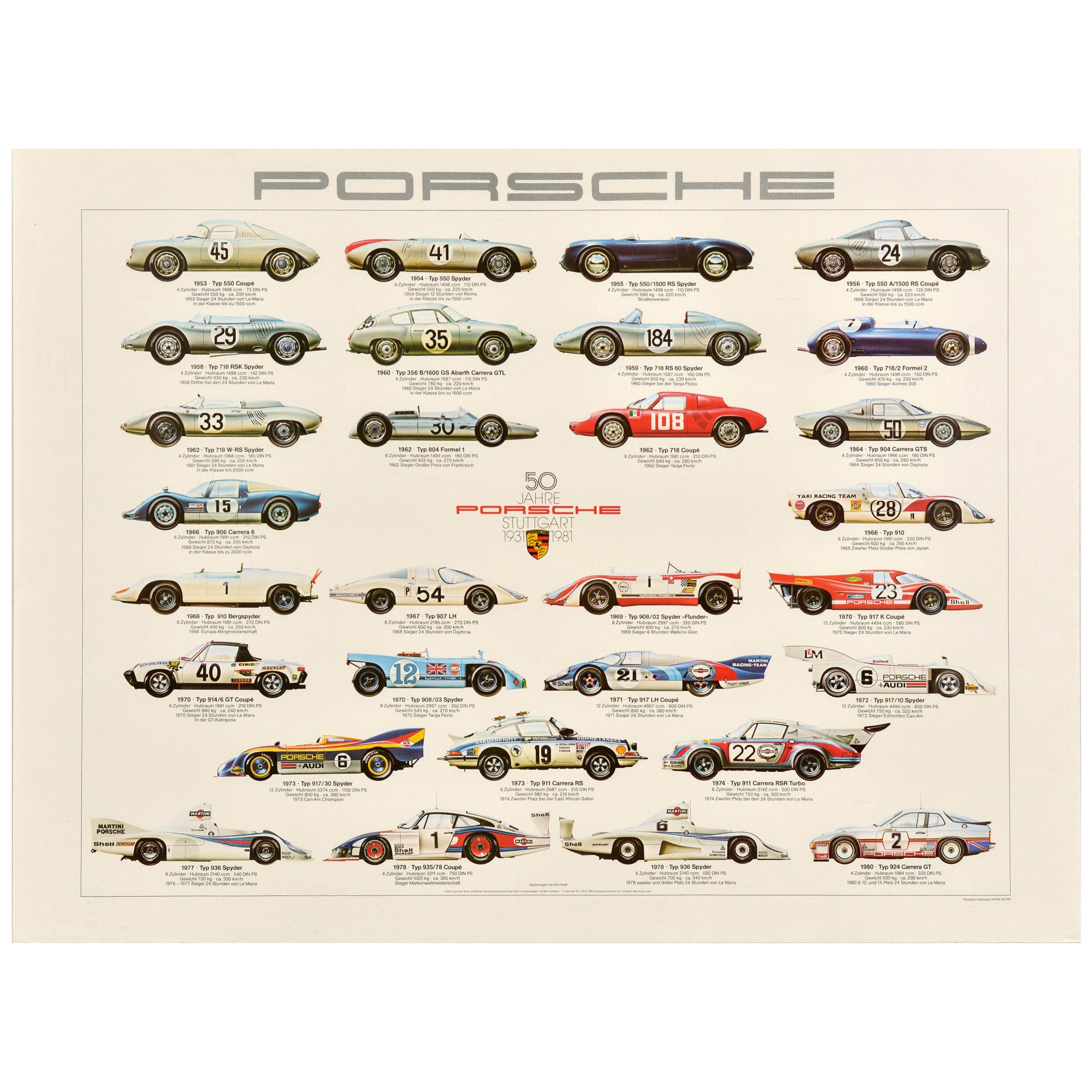 Original Vintage Car Advertising Poster Porsche Stuttgart 1931-1981 Racing Auto For Sale