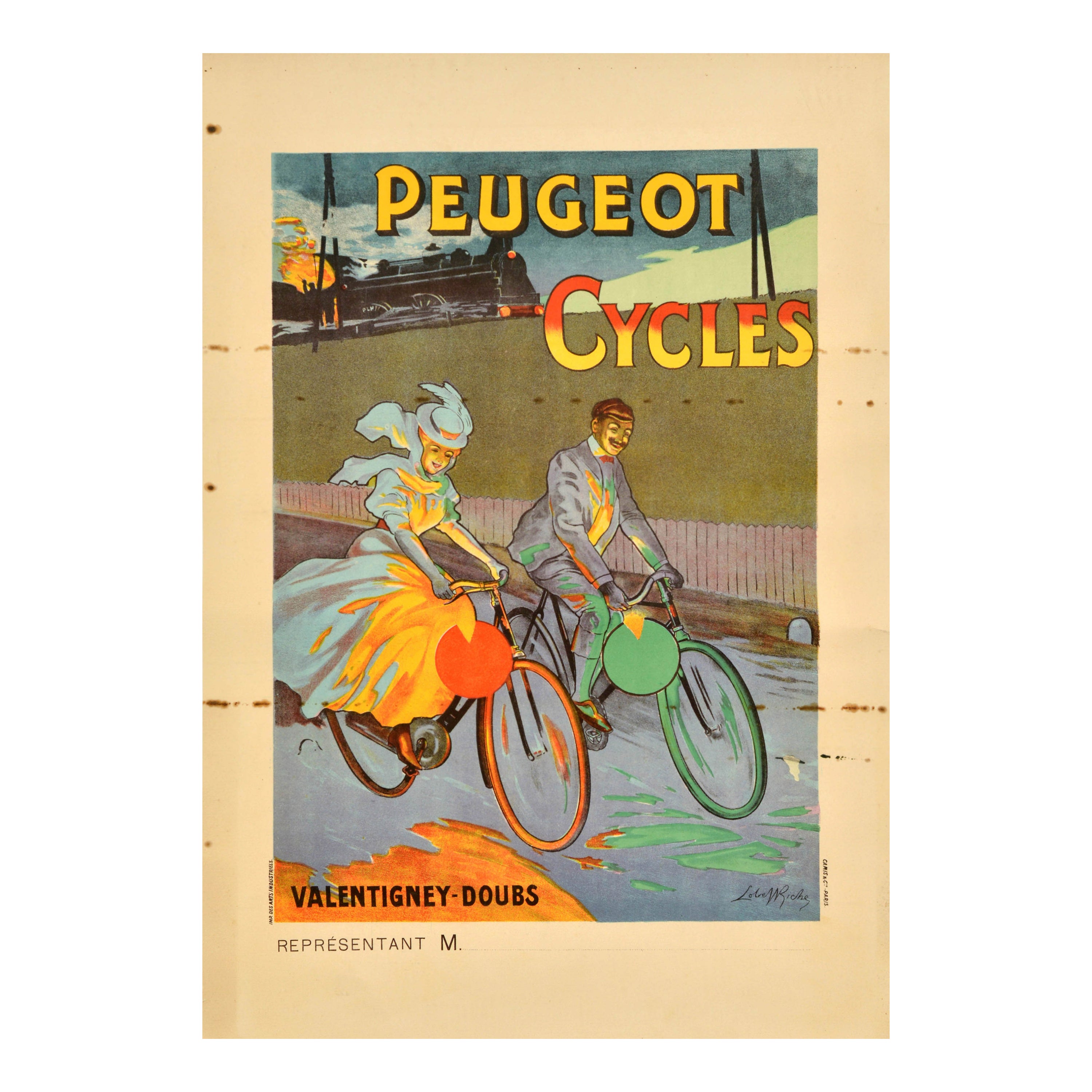 Original Antique Bicycle Advertising Poster Peugeot Cycles Valentigney Doubs For Sale