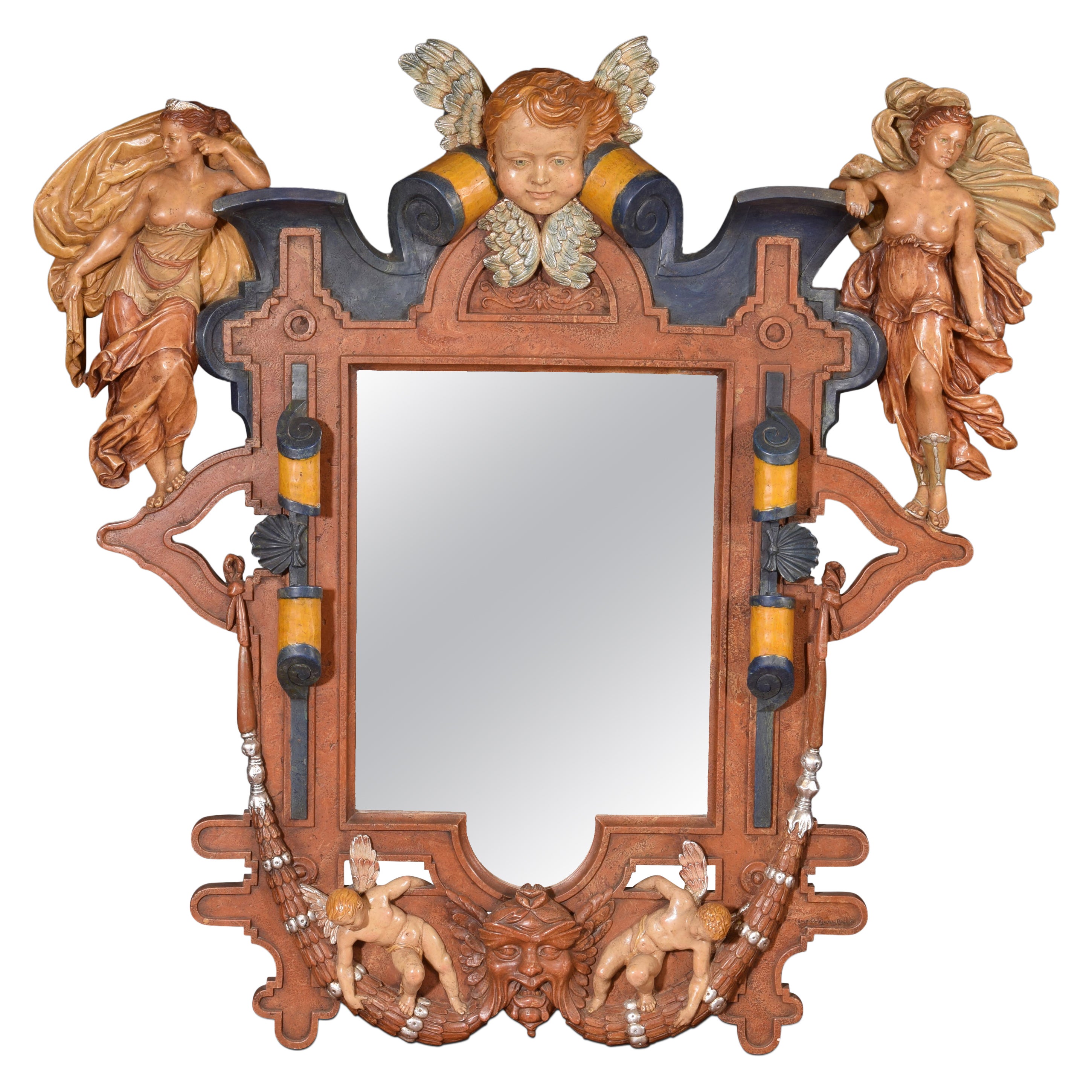 Mirror. Molded and polychrome alabaster. 20th century.  For Sale