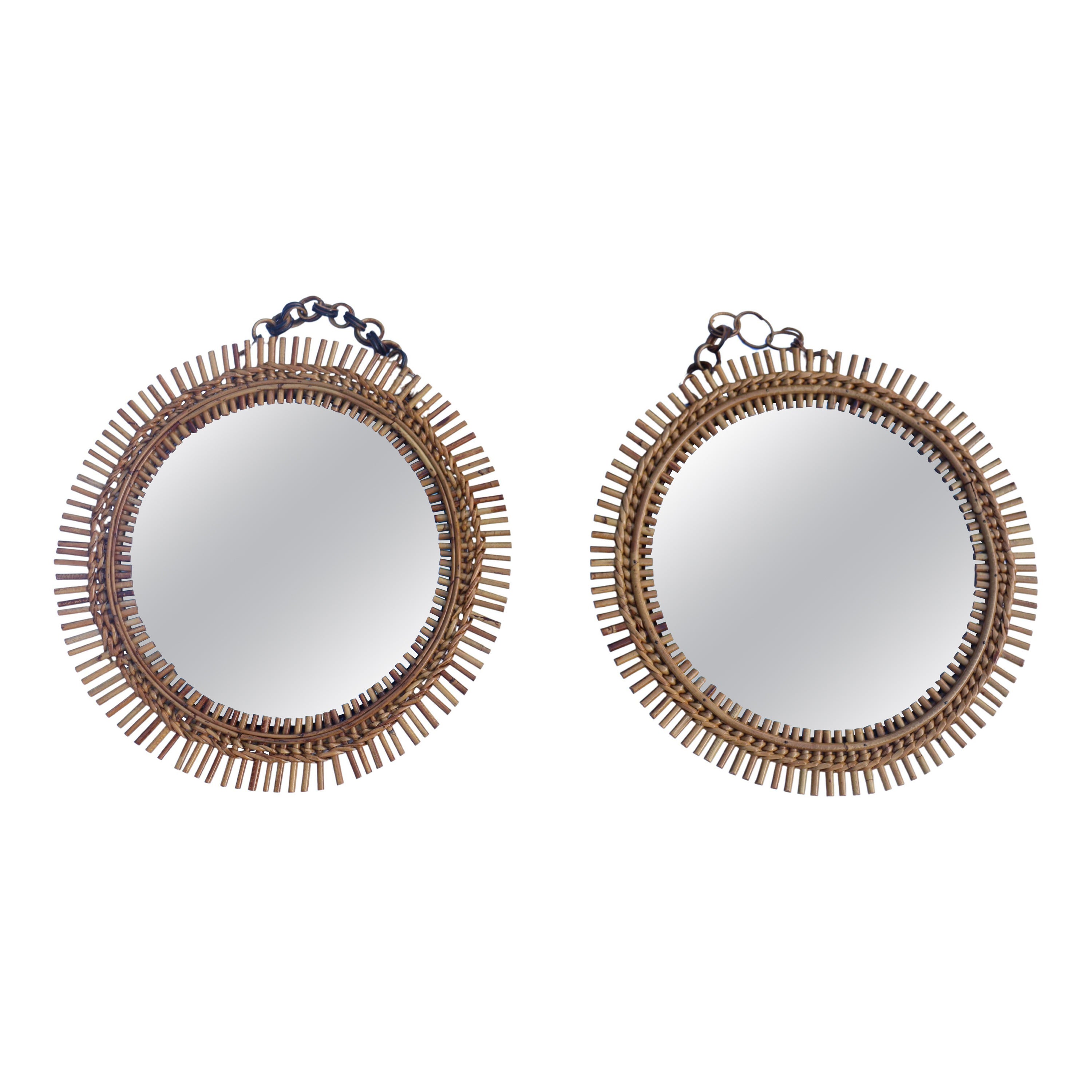 Pair Of Round Rattan And Bamboo Mirrors By Franco Albini For Sale
