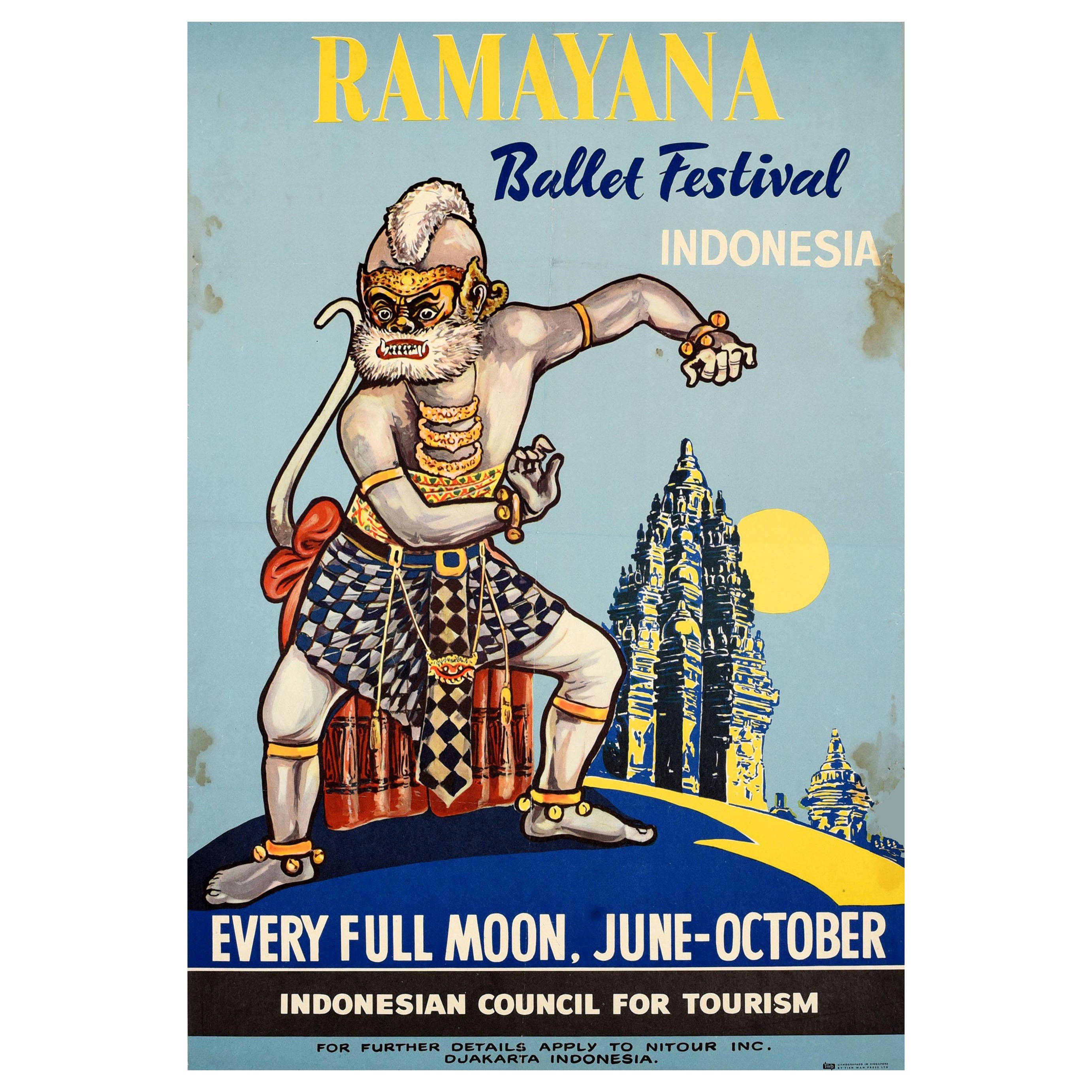 Affiche vintage originale de voyage asiatique Ramayana Ballet Festival Indonésie Temple
