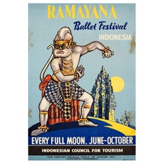 Poster di viaggio originale dell'Asia d'epoca Ramayana Ballet Festival Indonesia Temple
