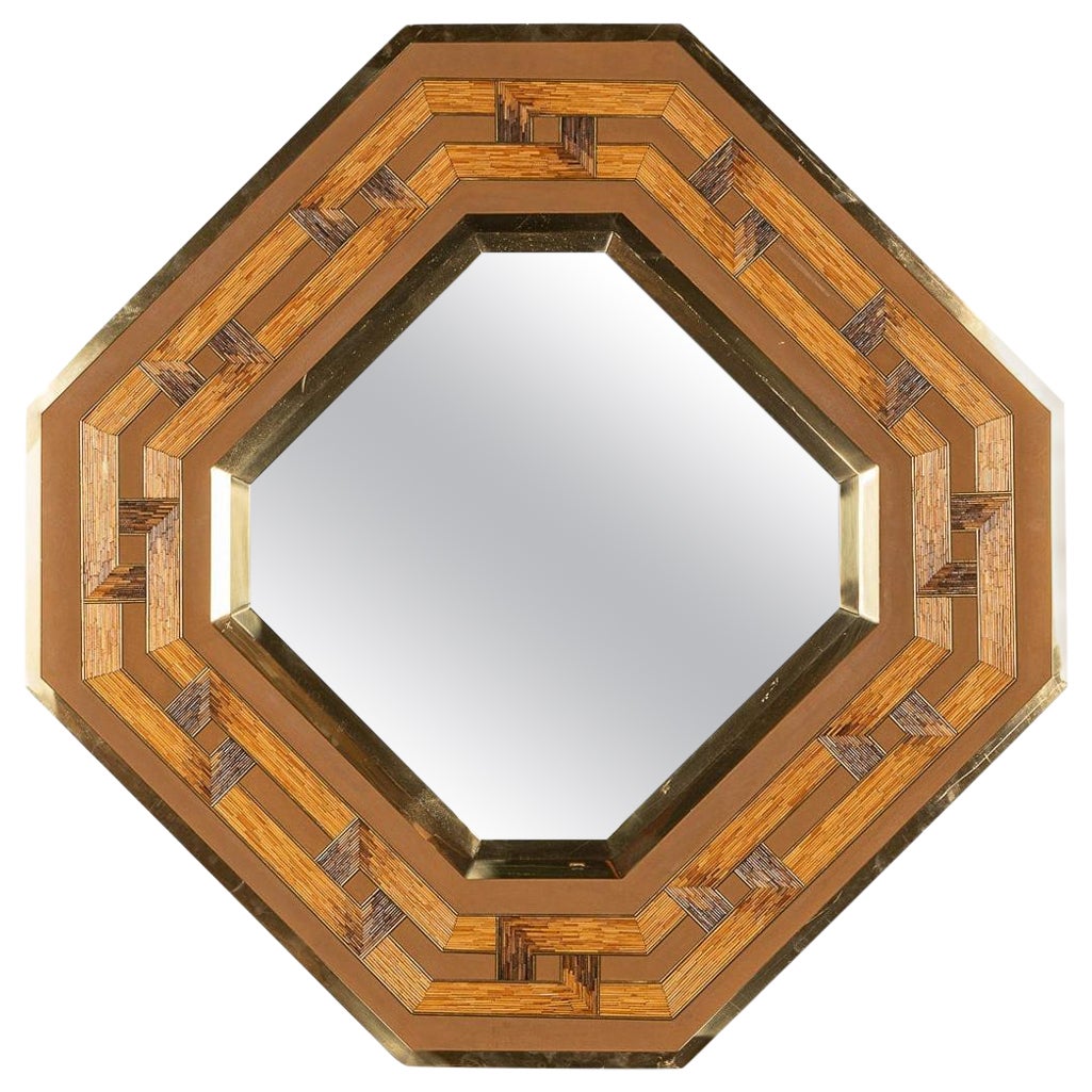 20th Century Italian Octagonal Brass & Ratan Mirror By Gabriella Crespi c.1970