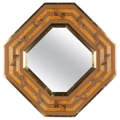 Vintage 20th Century Italian Octagonal Brass & Ratan Mirror By Gabriella Crespi c.1970