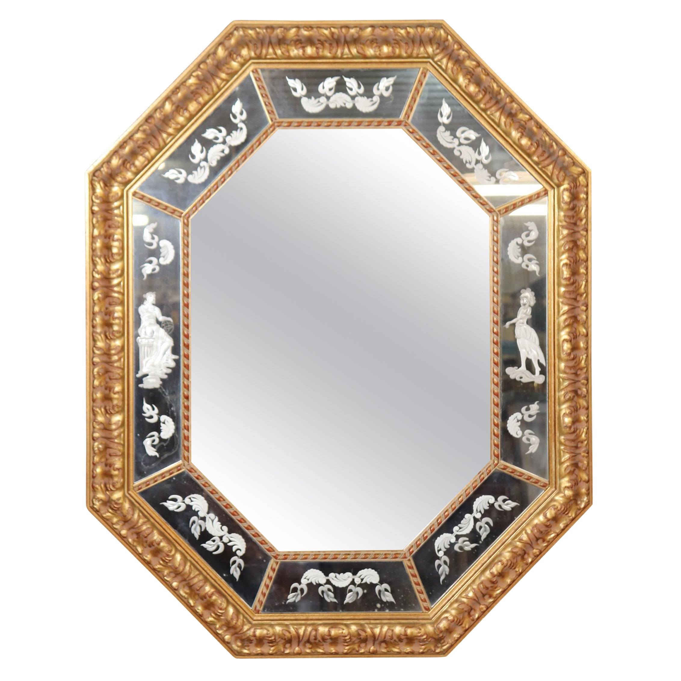 Superb Etched Figural Romanesque Style Italian Octagonal Carved Giltwood Mirror  For Sale