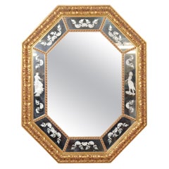 Superb Etched Figural Romanesque Style Italian Octagonal Carved Giltwood Mirror 