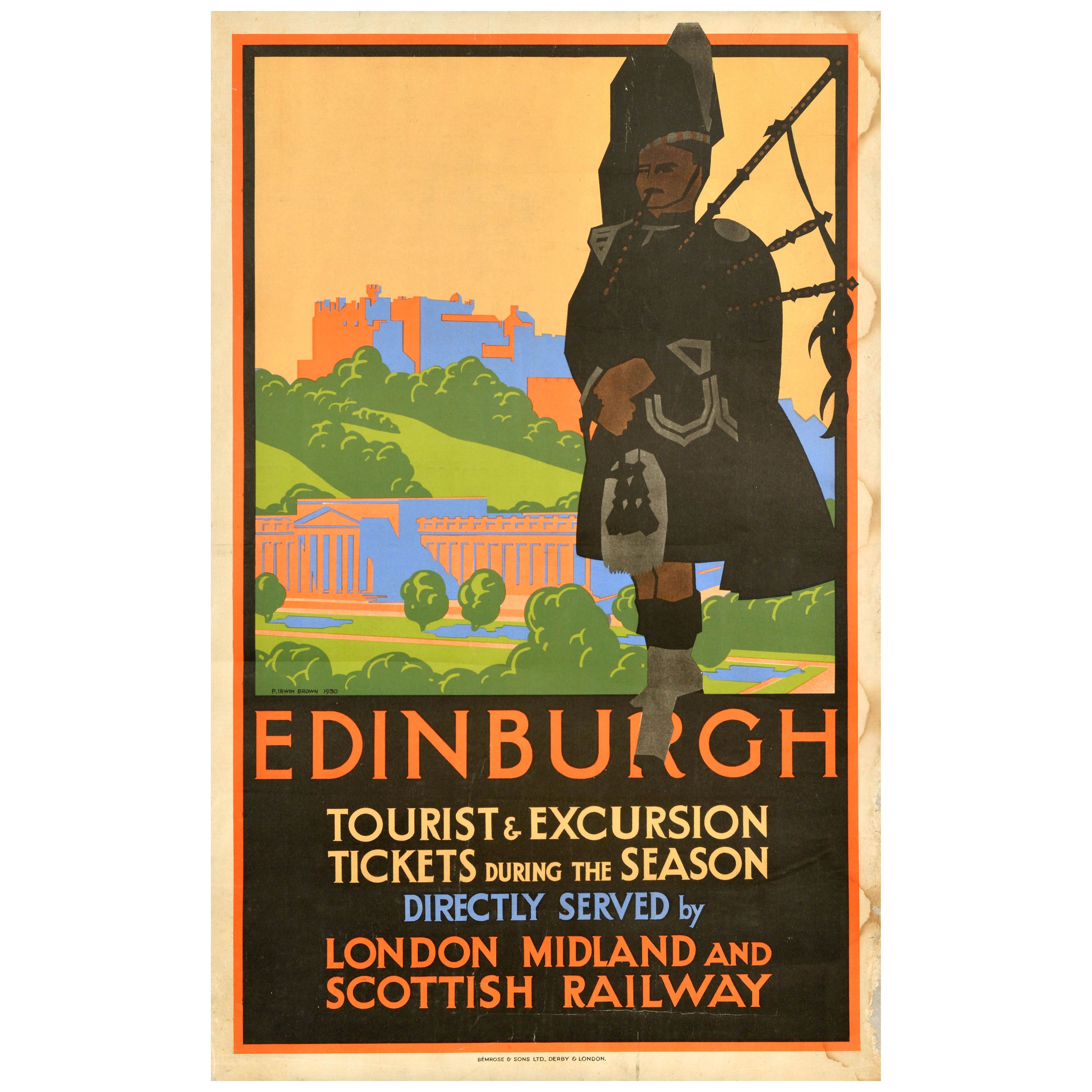 Affiche de voyage vintage d'Édimbourg LMS London Midland and Scottish Railway en vente