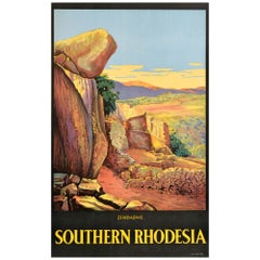 Affiche vintage originale de voyage en Afrique du Sud, Rhodesia, Zimbabwe, ancienne ville
