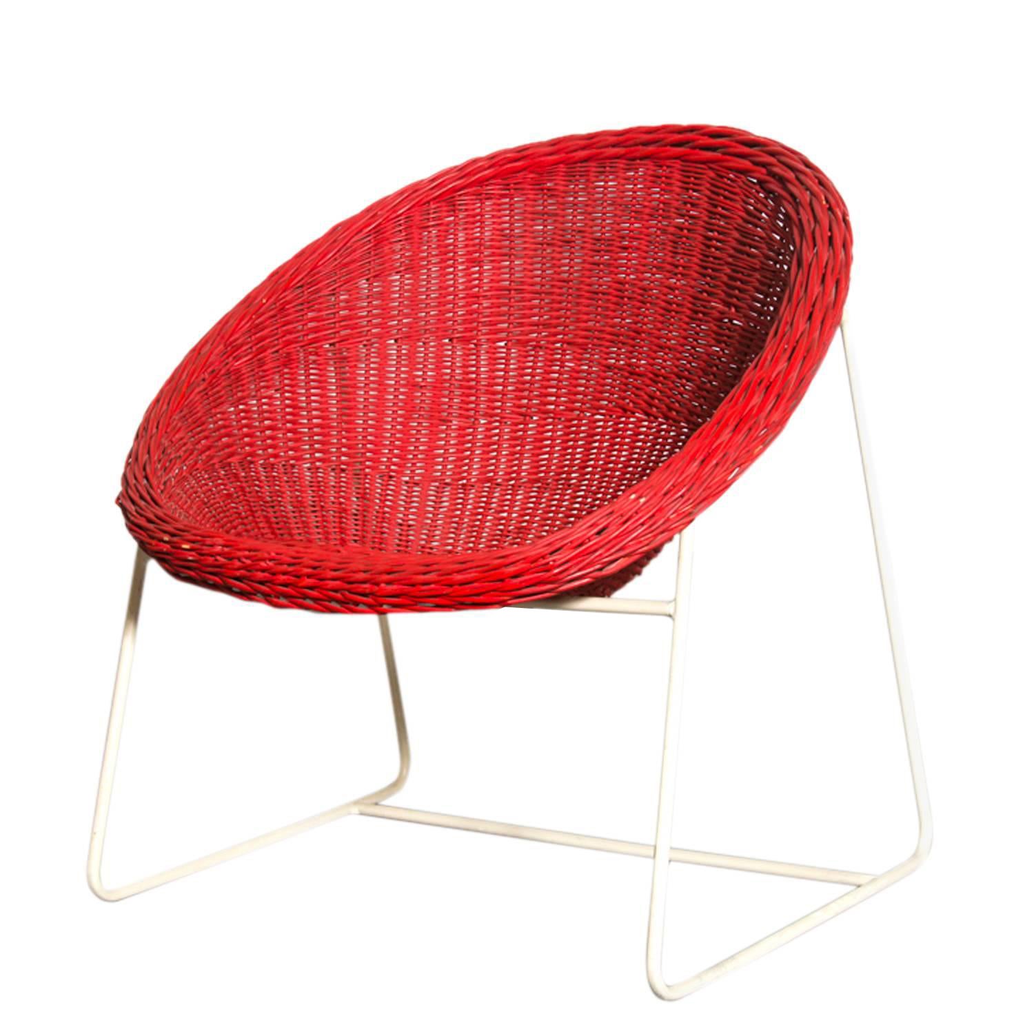 Mid-Century Jacques Adnet Inspired Red Woven Rattan and Wire Hoop Chair For Sale