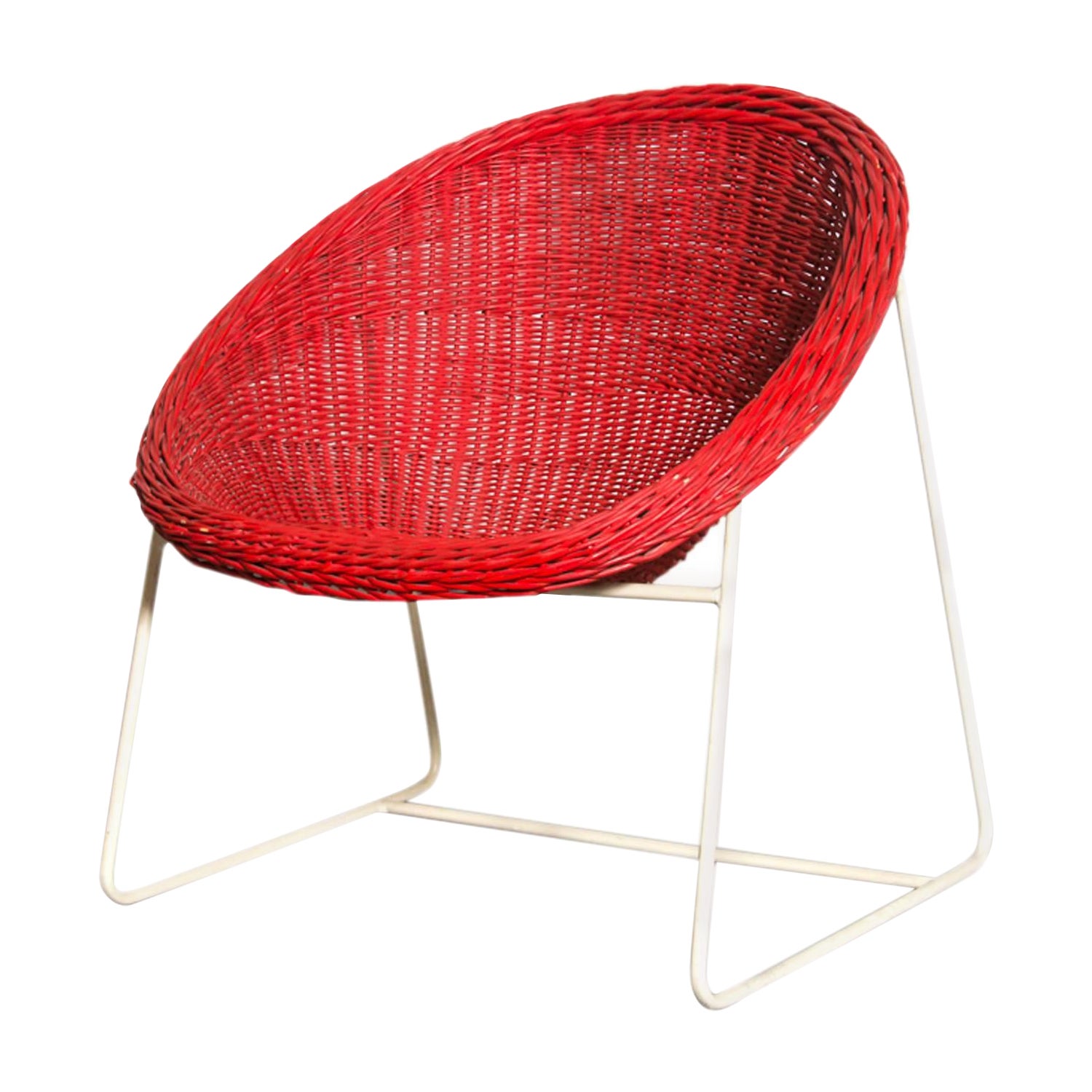 Mid-Century Jacques Adnet Inspired Red Woven Rattan and Wire Hoop Chair For Sale