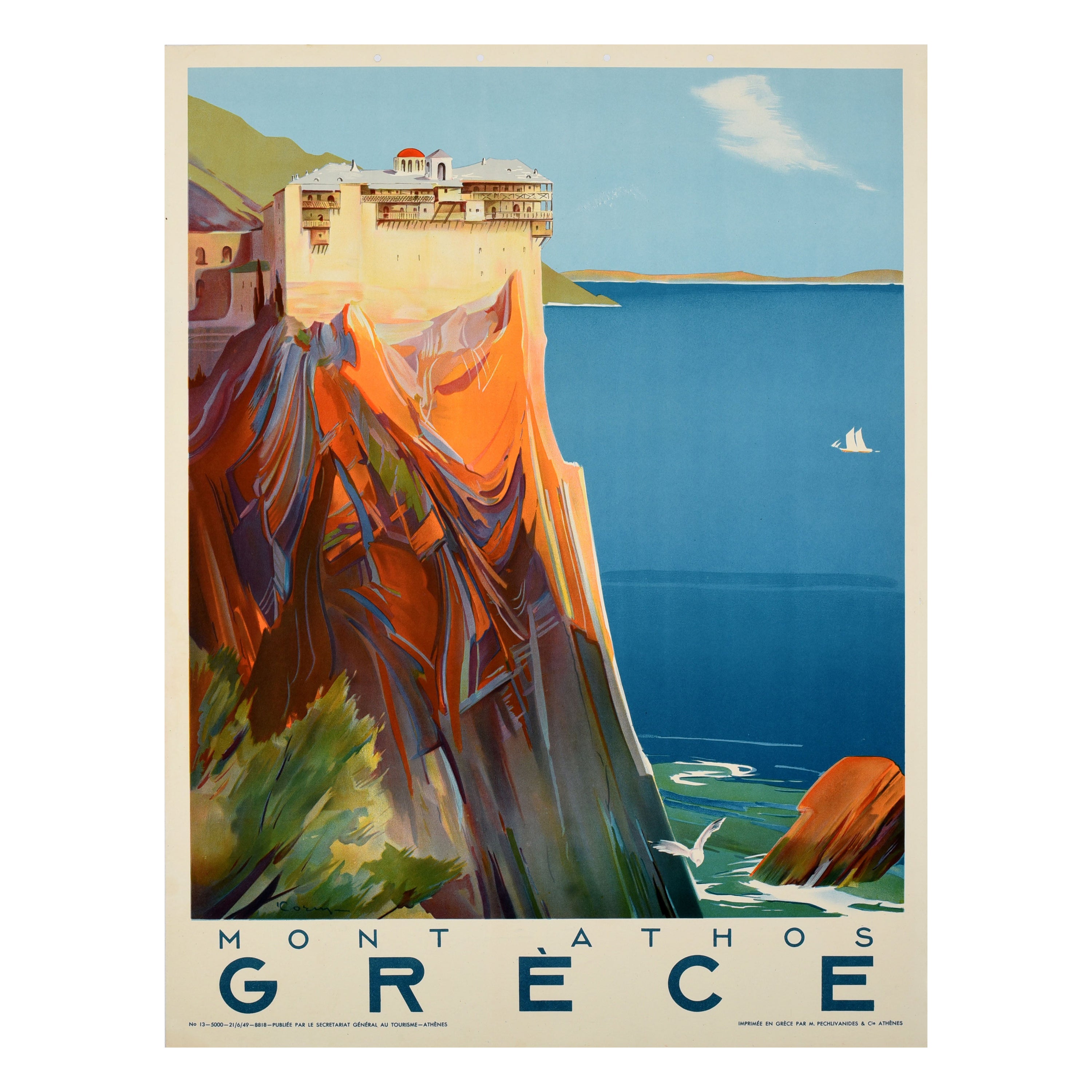 Affiche vintage originale de voyage Grèce Mont Athos Grece Simonopetra monastère