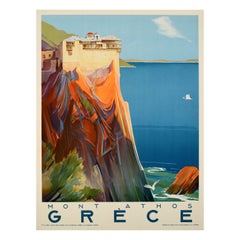 Original Vintage Travel Poster Greece Mount Athos Grece Simonopetra Monastery