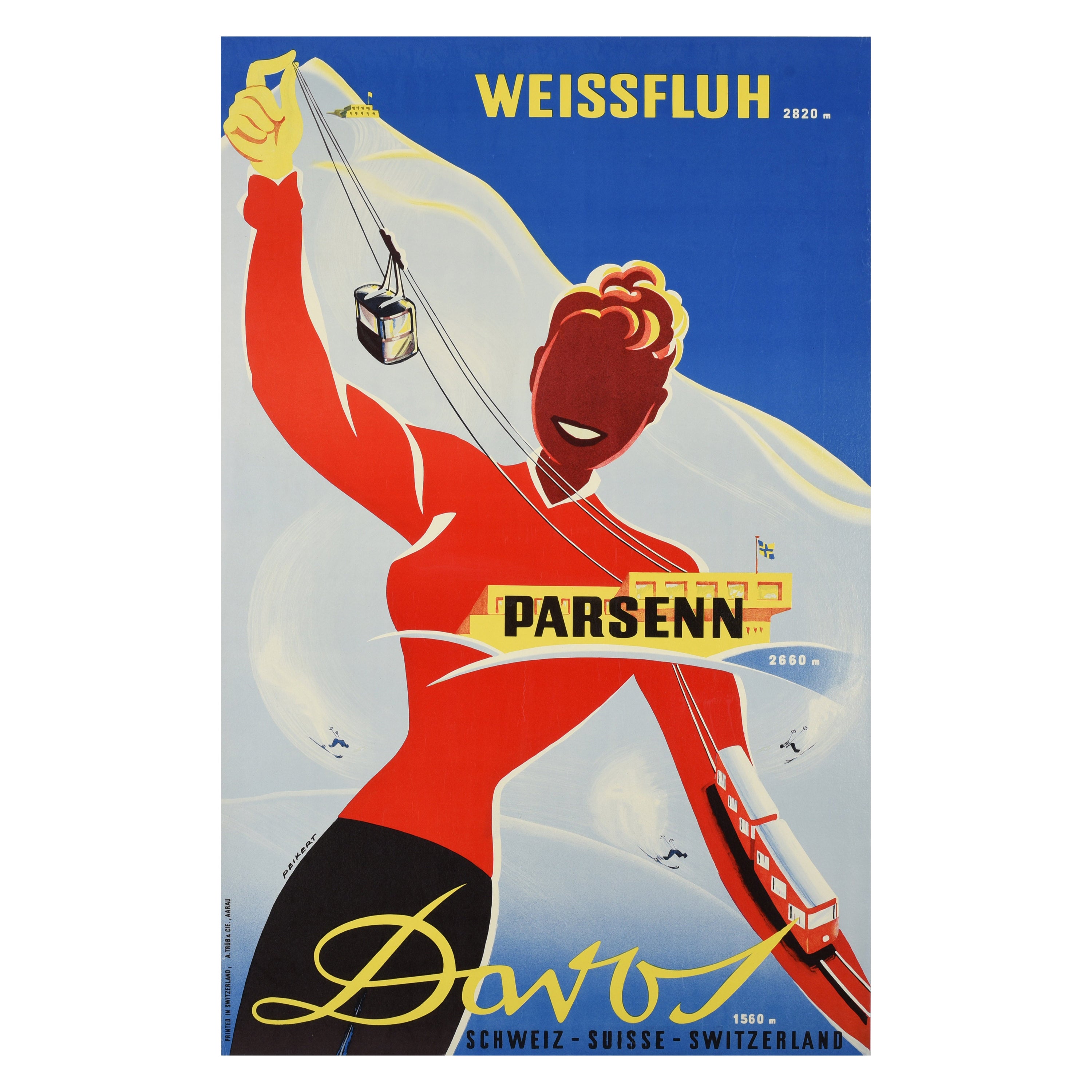 Original Vintage Ski Winter Sport Resort Poster Davos Weissfluh Swiss Peikert For Sale