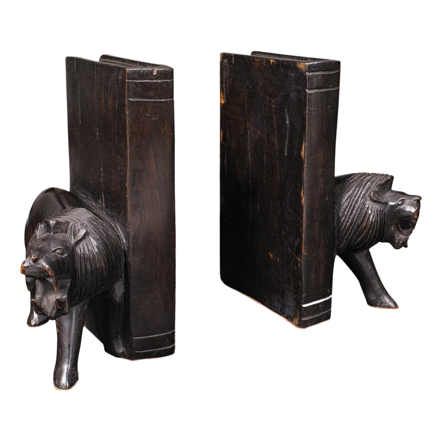 Pair of Antique Carved Lion Bookends, Oriental, Ebonised, Book Rest, Victorian For Sale