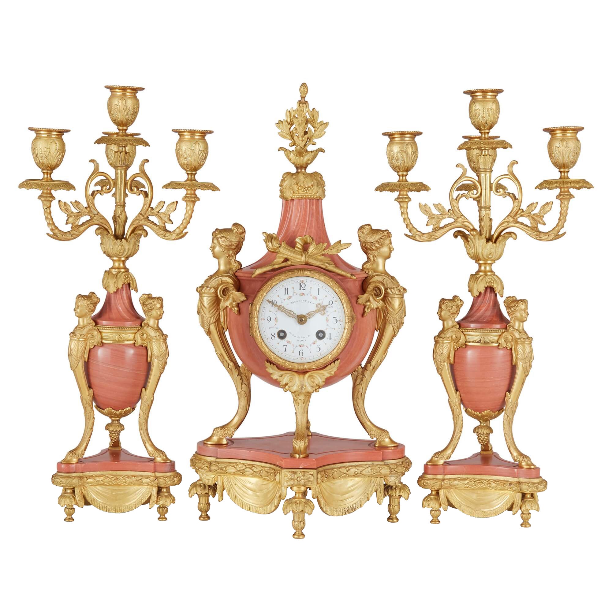 19th Century French Pink Marble and Ormolu Clock Set