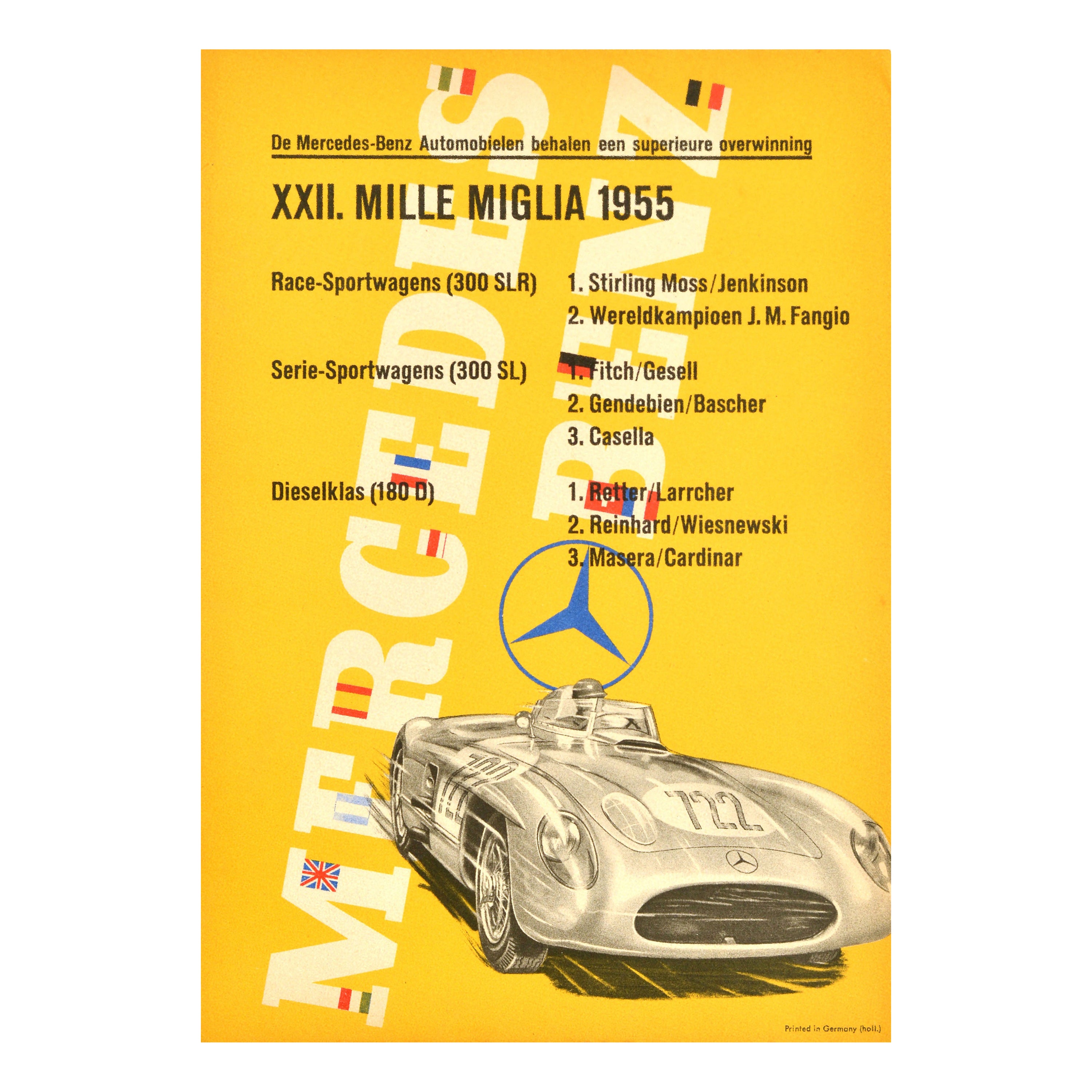 Póster original de época de carreras de coches Mercedes Benz Mille Miglia 1955 300SLR 300SL
