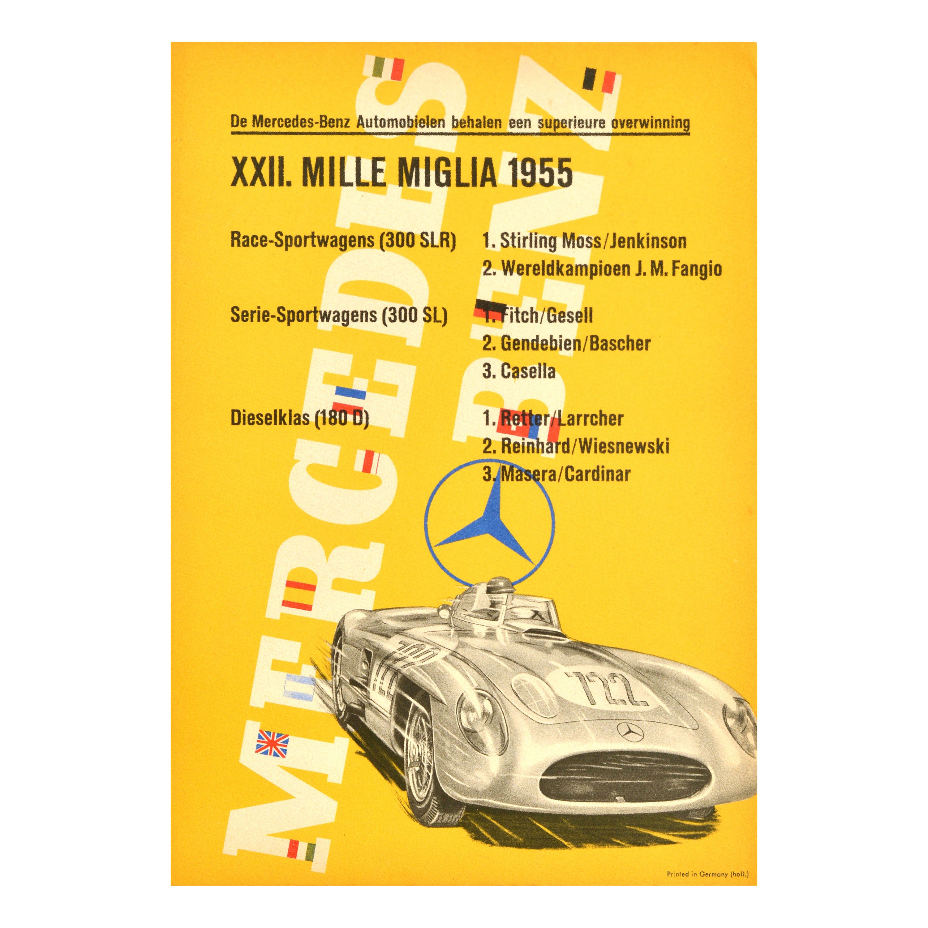 Original Vintage Car Racing Poster Mercedes Benz Mille Miglia 1955 300SLR 300SL For Sale