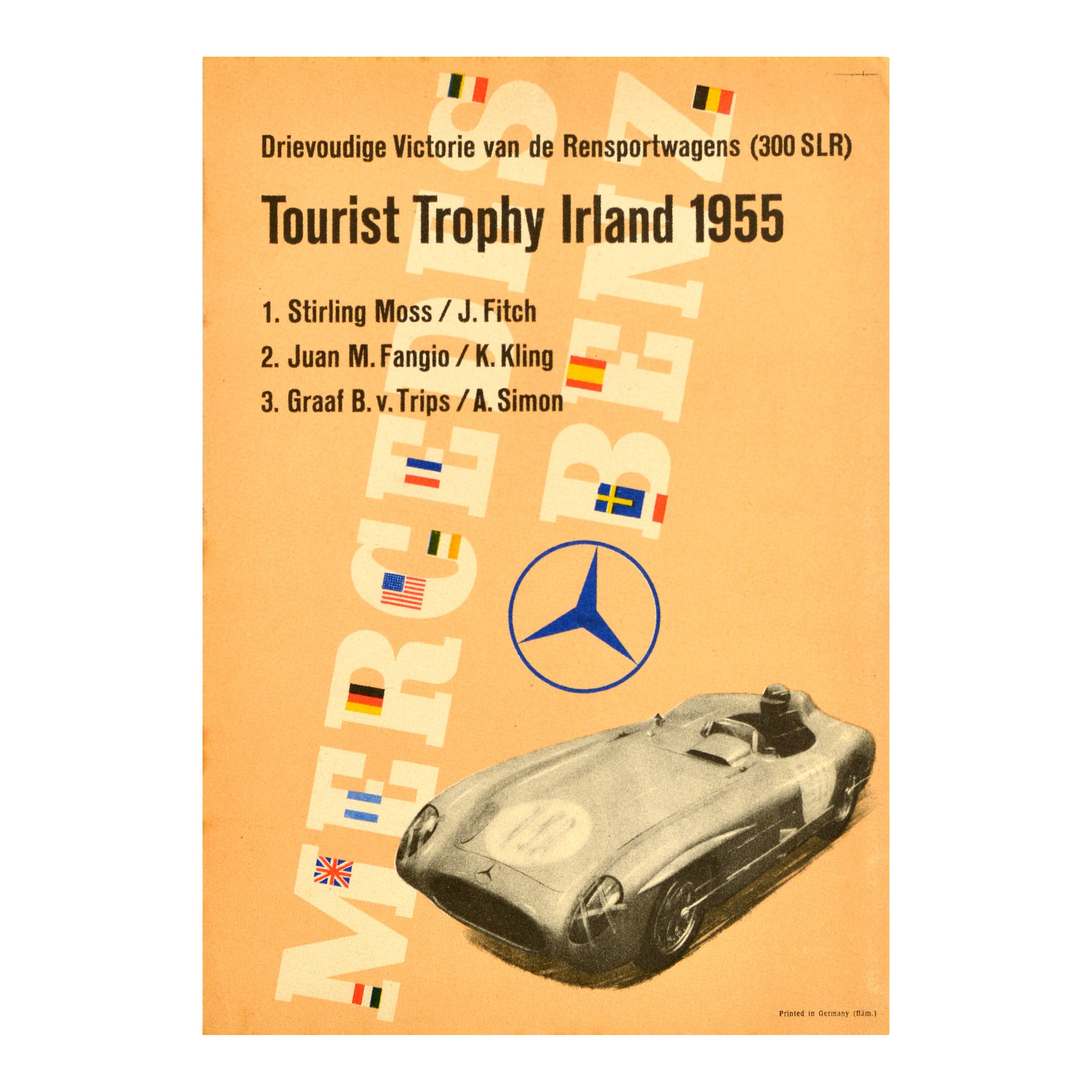 Original Vintage Car Racing Poster Mercedes Benz Tourist Trophy Ireland 1955 For Sale
