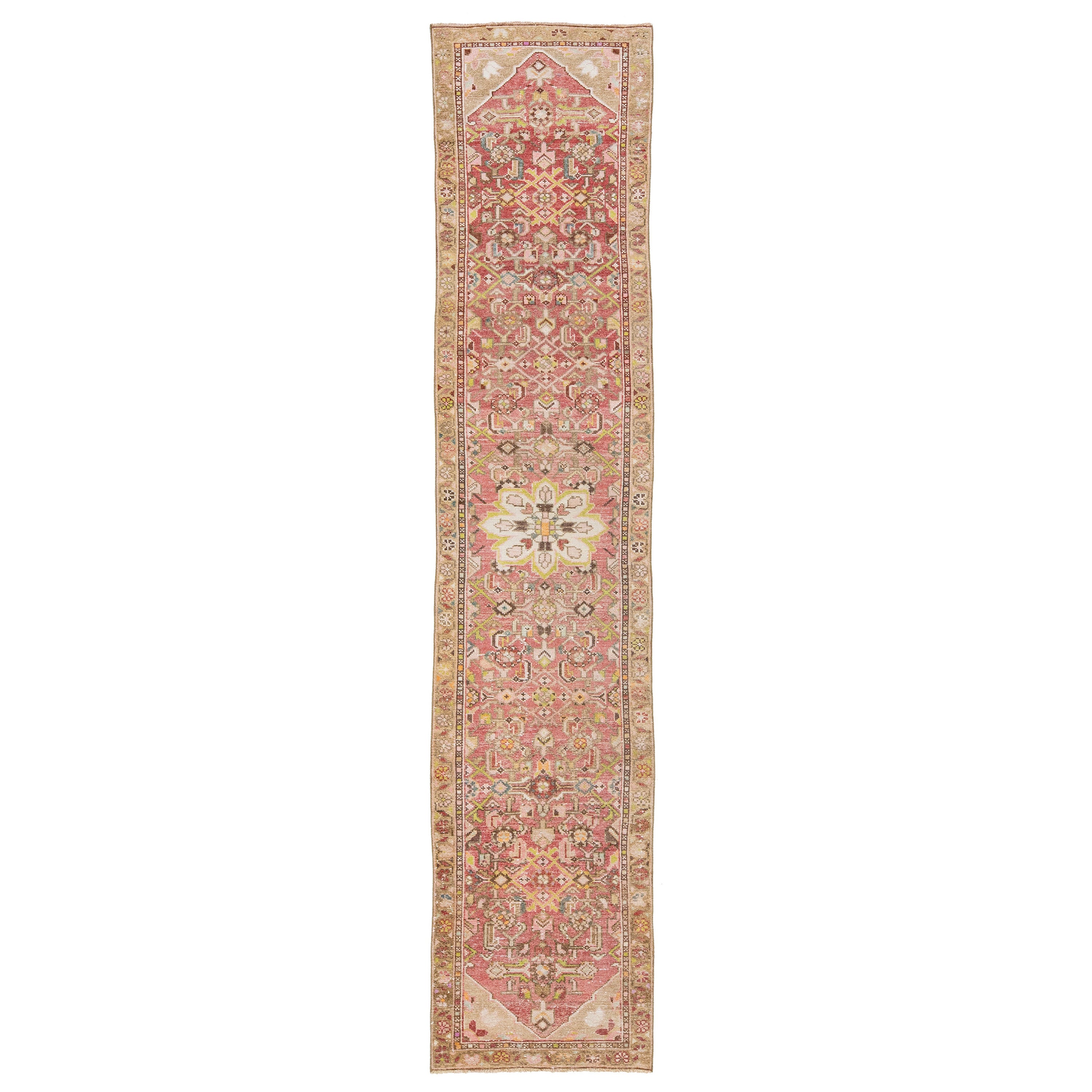 Chemin de table en laine persane Heriz, fait à la main, de couleur rouge clair, avec motif Allover