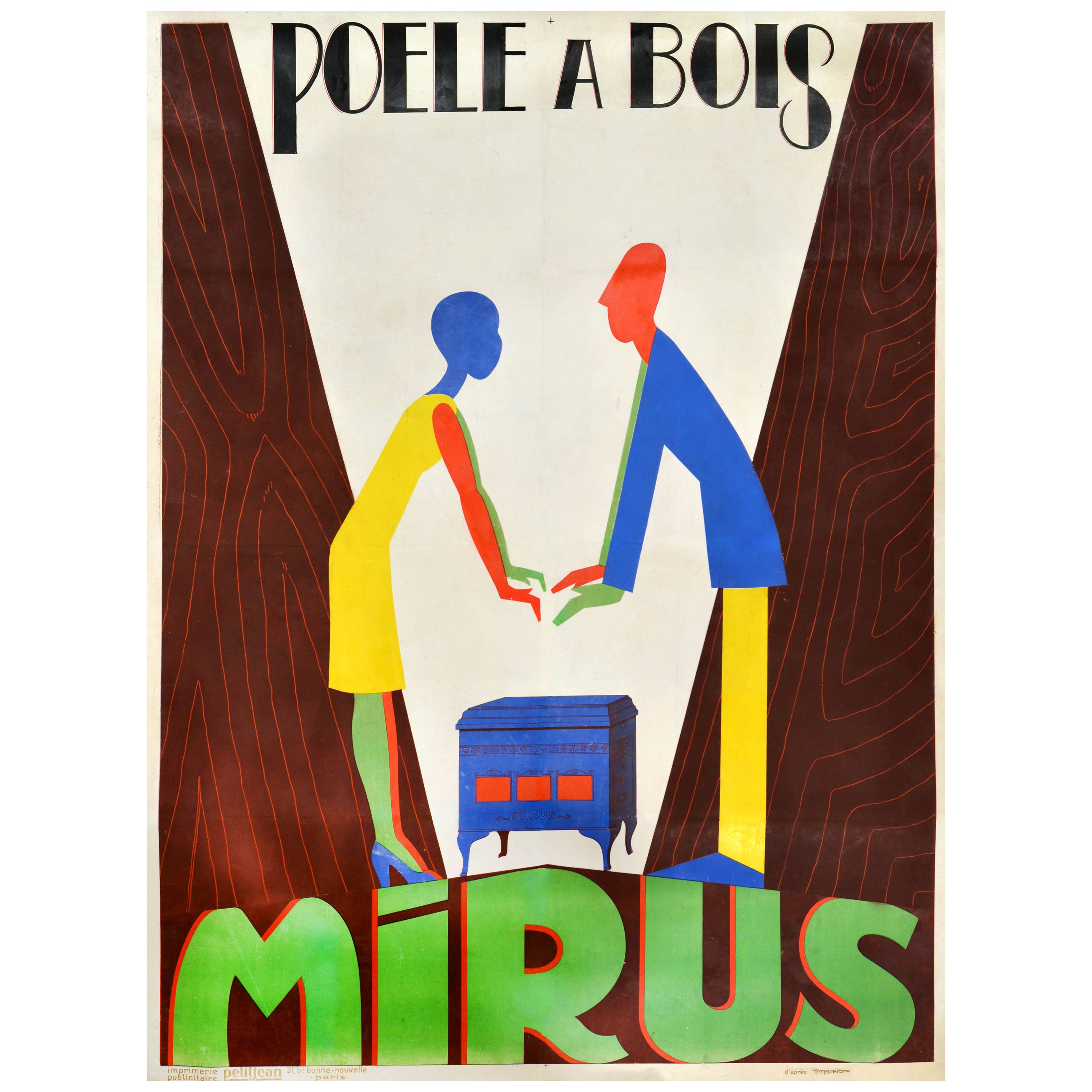 Original Antikes Werbeplakat Mirus Poele, „A Bois Wood Stove Heater“, Frankreich im Angebot