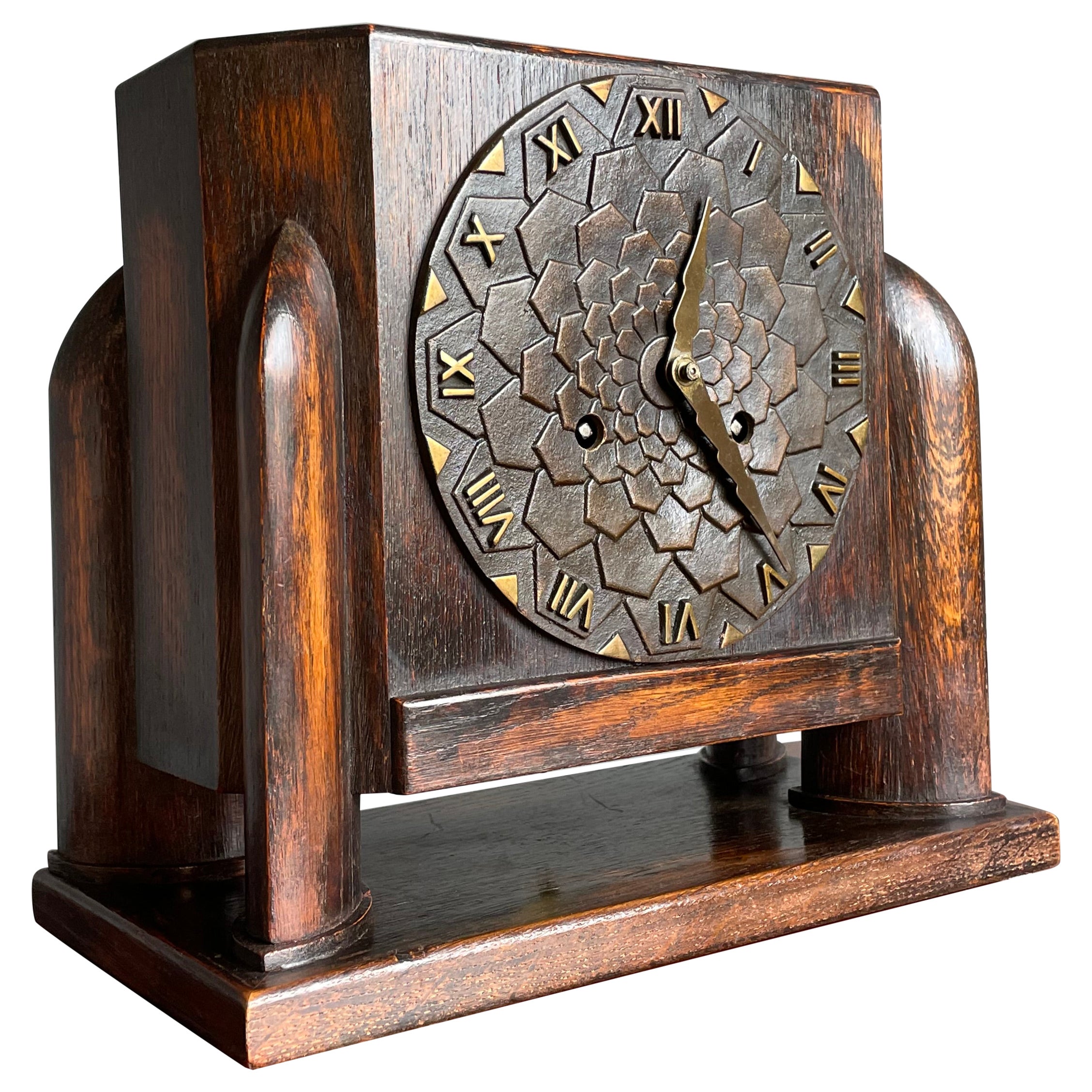Dutch Arts & Crafts Oak Mantle / Desk Clock with Stunning Bronze Dial Face 1915 For Sale