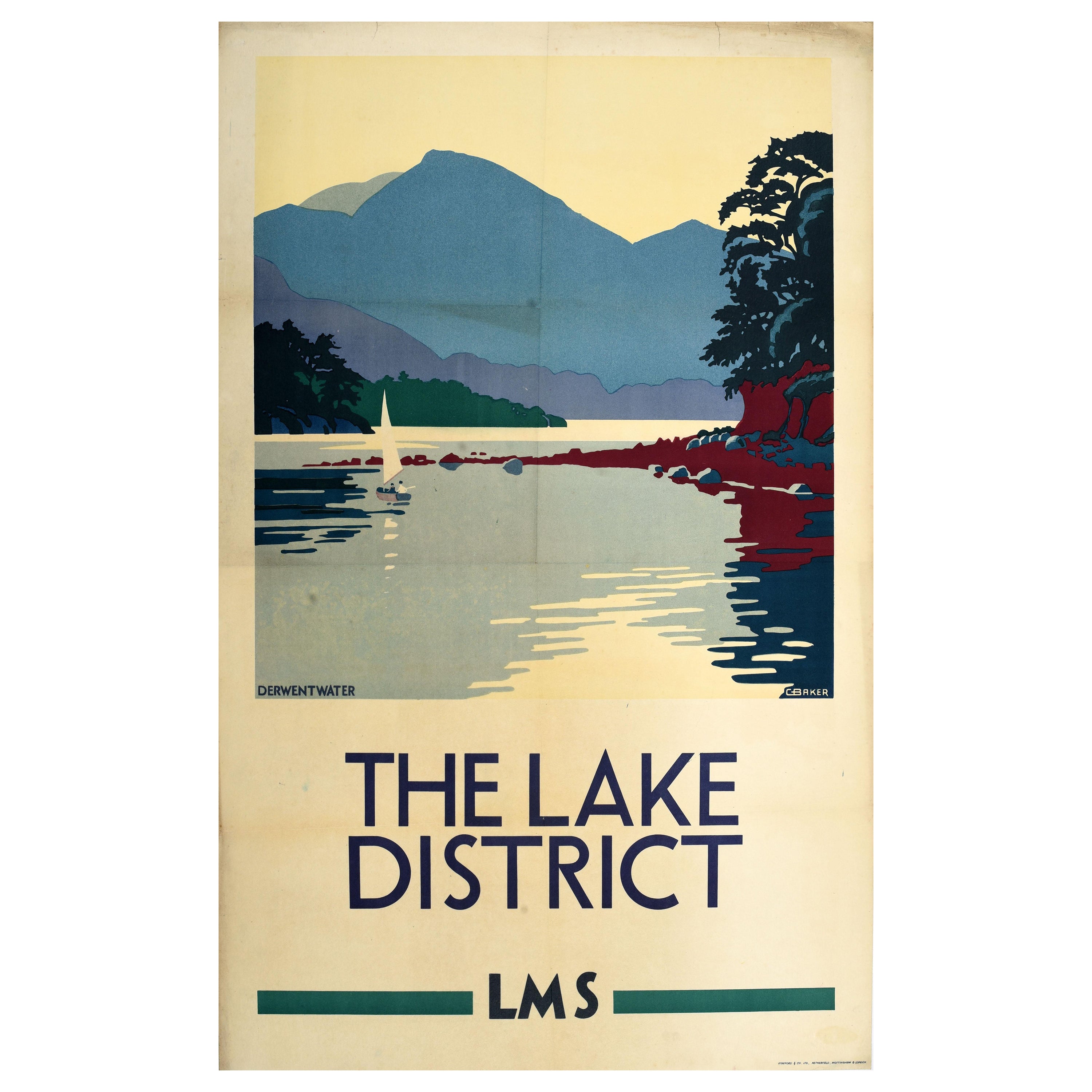 Affiche vintage originale de la LMS Railway du Lake District Derwentwater Cumbria, Angleterre