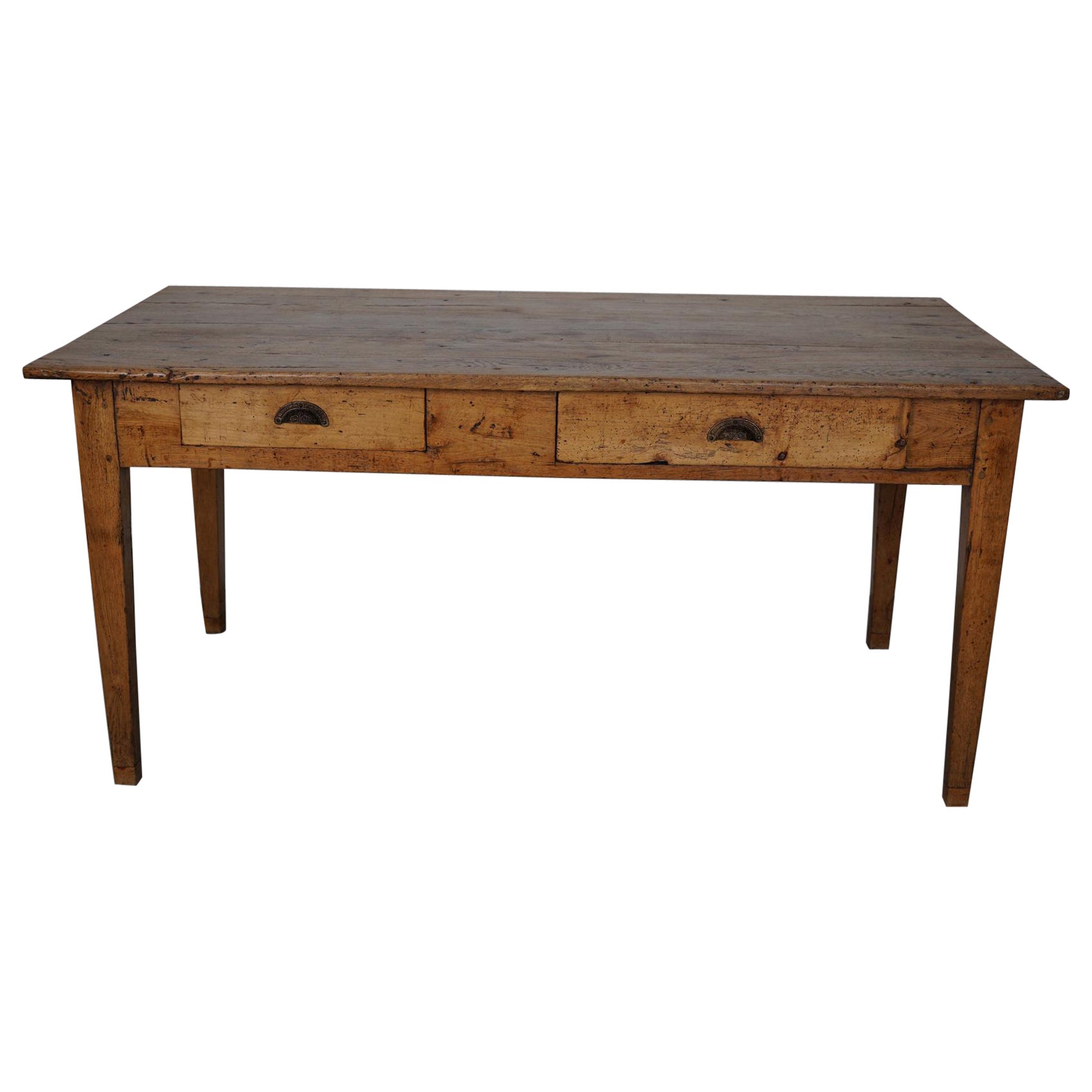 Antique Light Gold Oak 19th Century French Rustic Farmhouse Dining Table For Sale