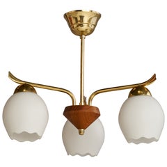 Swedish Designer, Chandelier, Brass, Teak, Glass, Sweden, 1950s