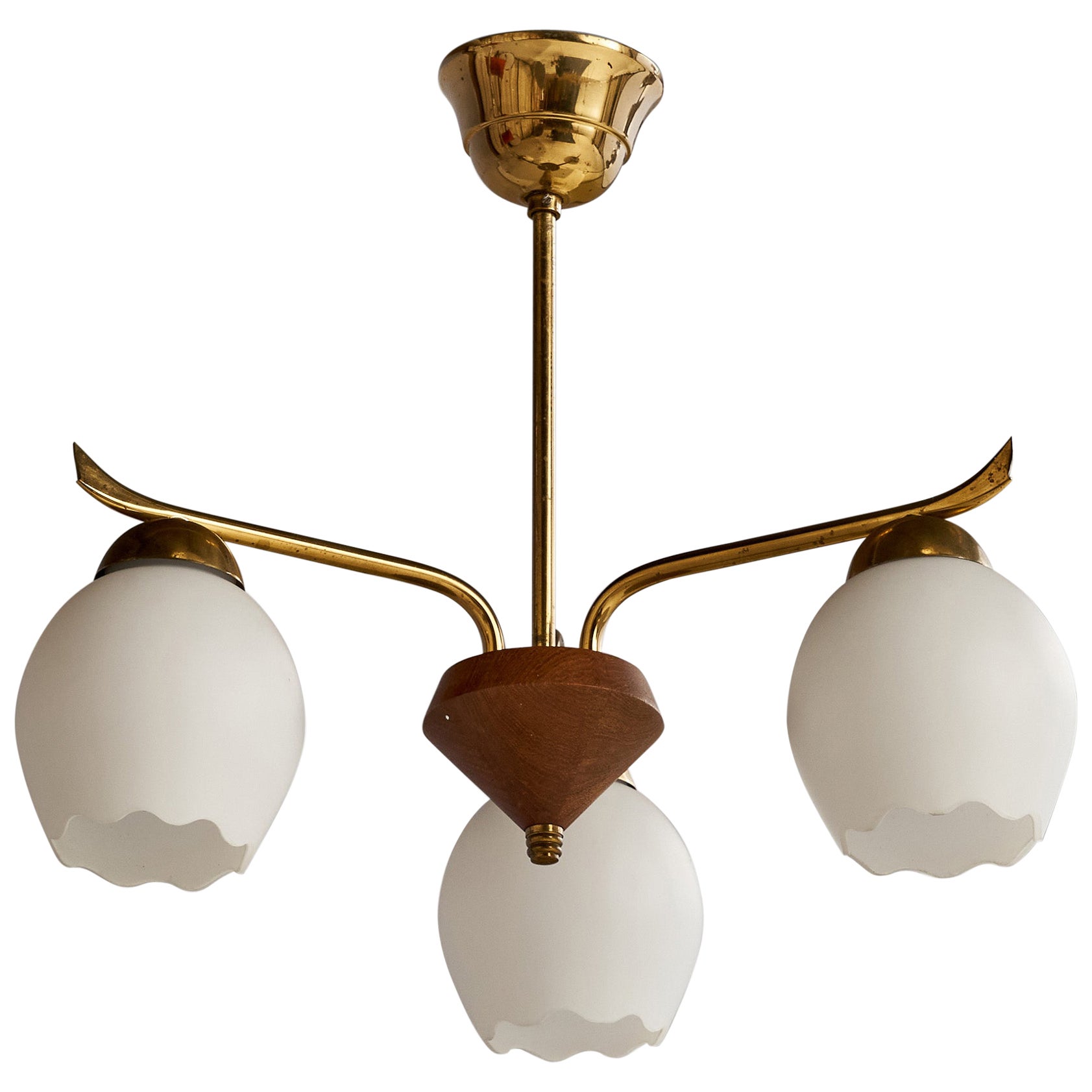 Swedish Designer, Chandelier, Brass, Teak, Glass, Sweden, 1950s For Sale