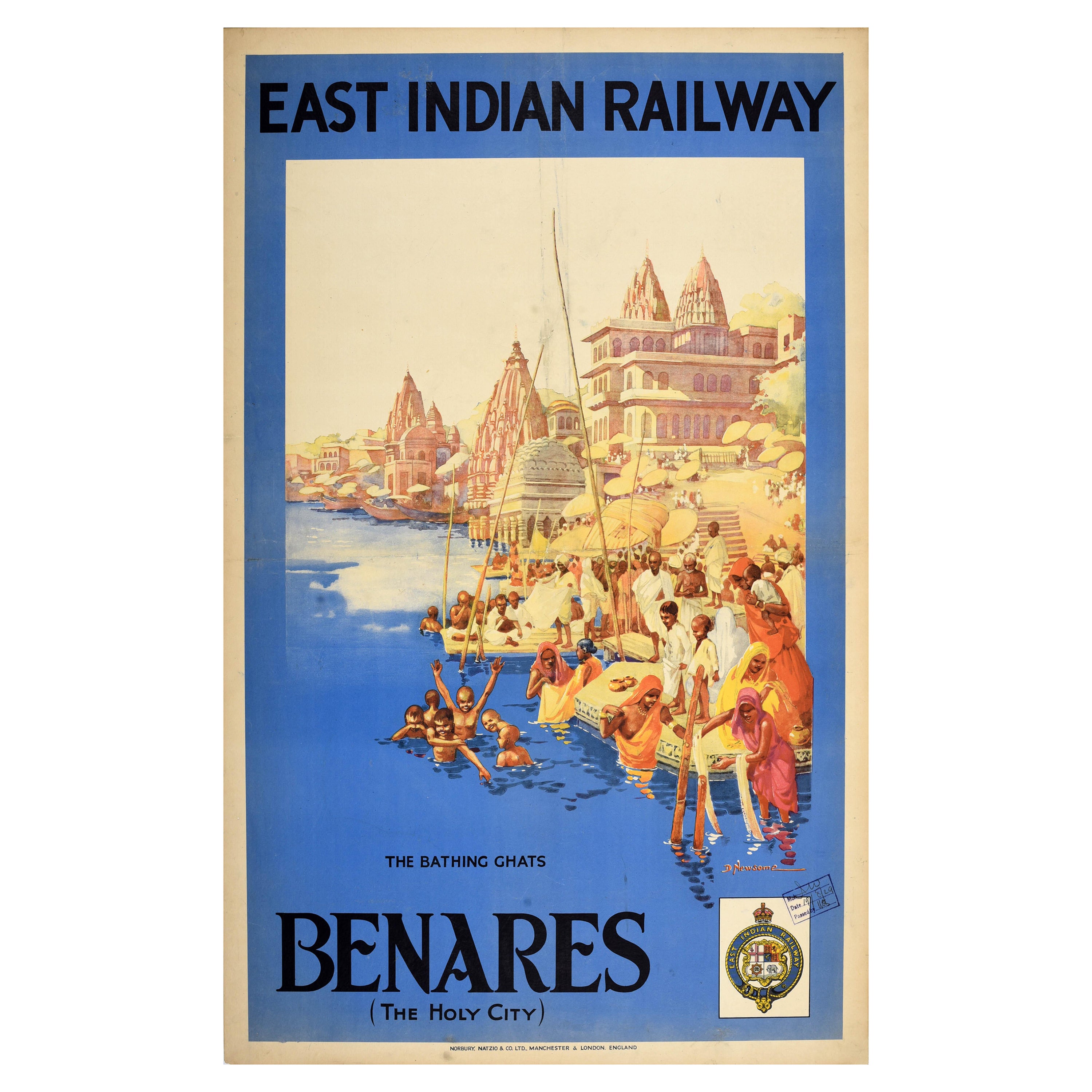 Original Vintage Asiatisches Reiseplakat Benares Heilige Stadt Ostindische Eisenbahn Indien im Angebot