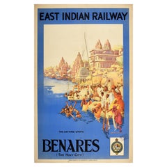 Original Vintage Asiatisches Reiseplakat Benares Heilige Stadt Ostindische Eisenbahn Indien